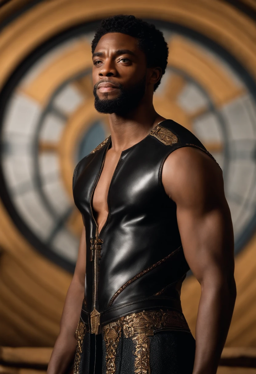 retrato de uma foto de Chadwick Boseman com rosto arredondado, com foco maior em seu rosto, Hair should be short next to the Black Panther movie with a black and gray African royalty outfit, com barba aparentando ter mais de 40 anos, com olhos negros, posando uma floresta africana, with two-tone lighting, foco nítido, matriz preto-fosco, octanagem, irreal, chave baixa, imagem 720 px por 1080 px, foco maior em seu rosto, Hair should be short next to the Black Panther movie