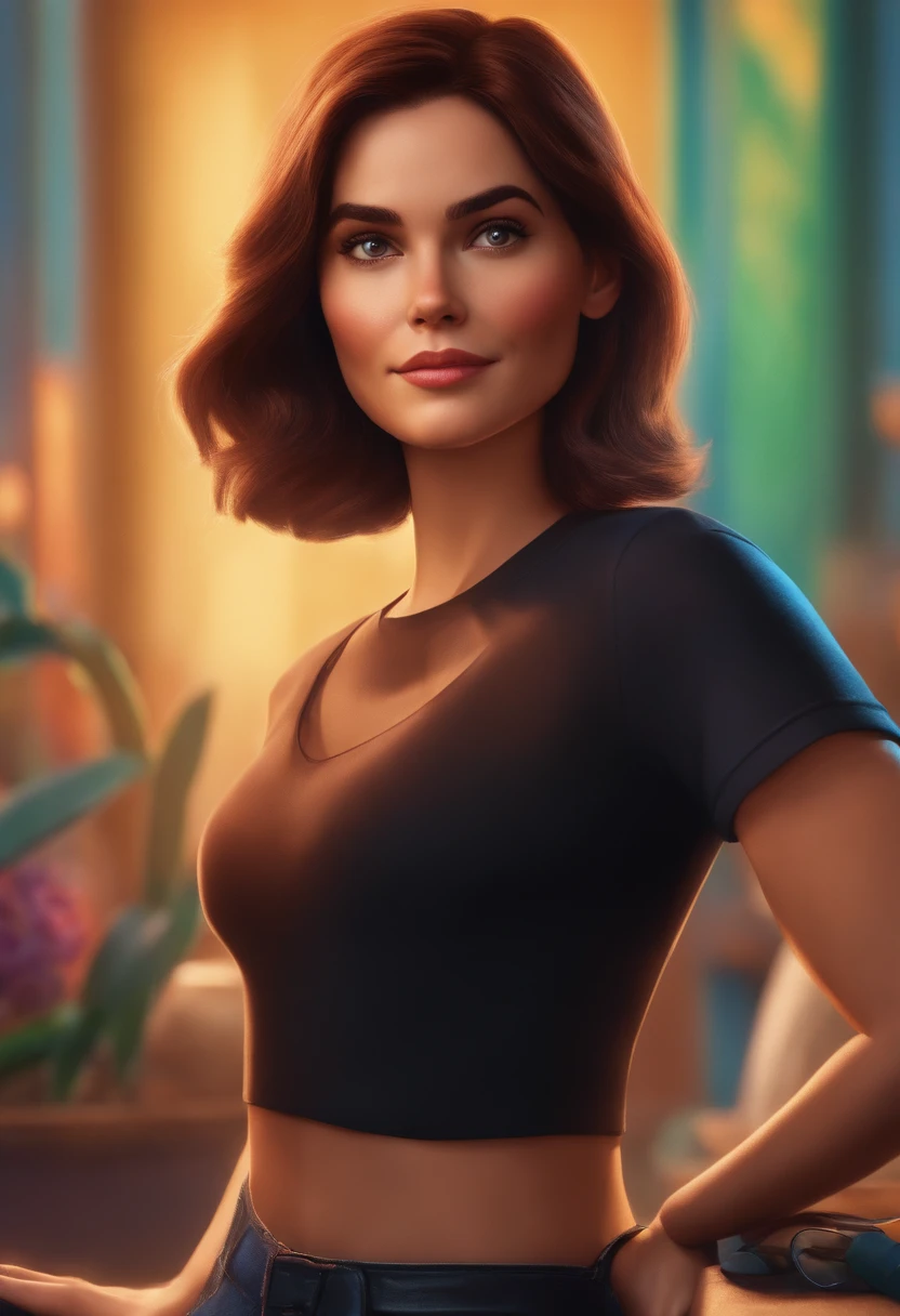 filme Marketing 2023 estilo filmes Pixar, Com nome "N - Marketing", poster, With short, lighter brunette hair and a black t-shirt in front of her crossed arms.