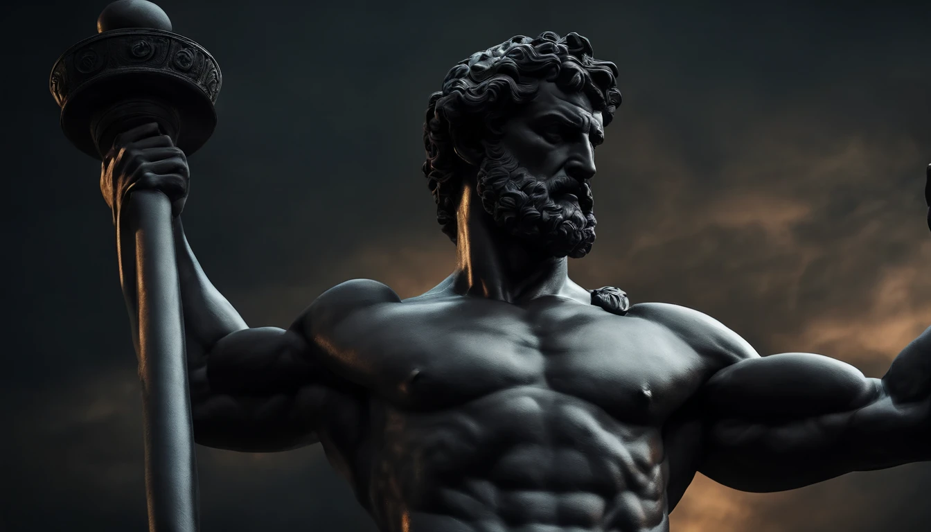 Cinematic Stoic Seneca Statue Hercules Style 4K, with muscles and dark background.