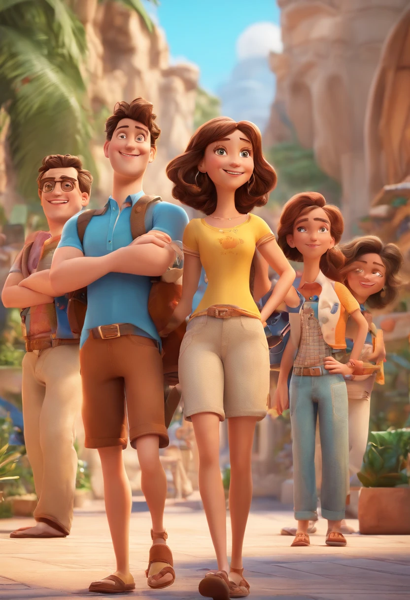 Cartoon of friends having fun on vacation together, 3D Animation Movie Poster, Poster de filme animado, pixar 3 d animation style, pixar renderman rendering, maia 8 mil, animated film, Disney Pixar Estilo 3D, amigos felizes saem juntos, all wearing light blue shirts and cream brown long pants, camisa azul clara, cream brown pants, ao ar livre, vacation, Disney Pixar Animation Poster