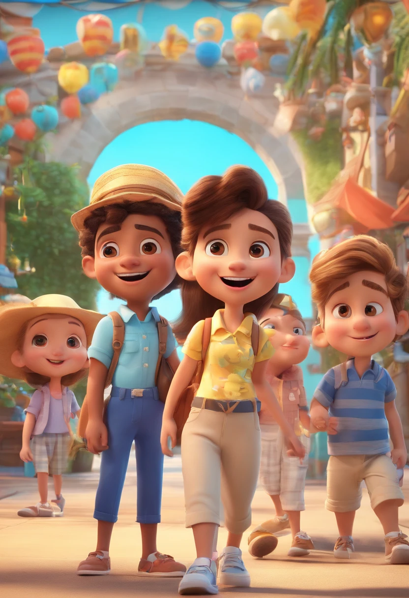 Cartoon of friends having fun on vacation together, 3D Animation Movie Poster, Poster de filme animado, pixar 3 d animation style, pixar renderman rendering, maia 8 mil, animated film, Disney Pixar Estilo 3D, amigos felizes saem juntos, all wearing light blue shirts and cream brown long pants, camisa azul clara, cream brown pants, ao ar livre, vacation, Disney Pixar Animation Poster