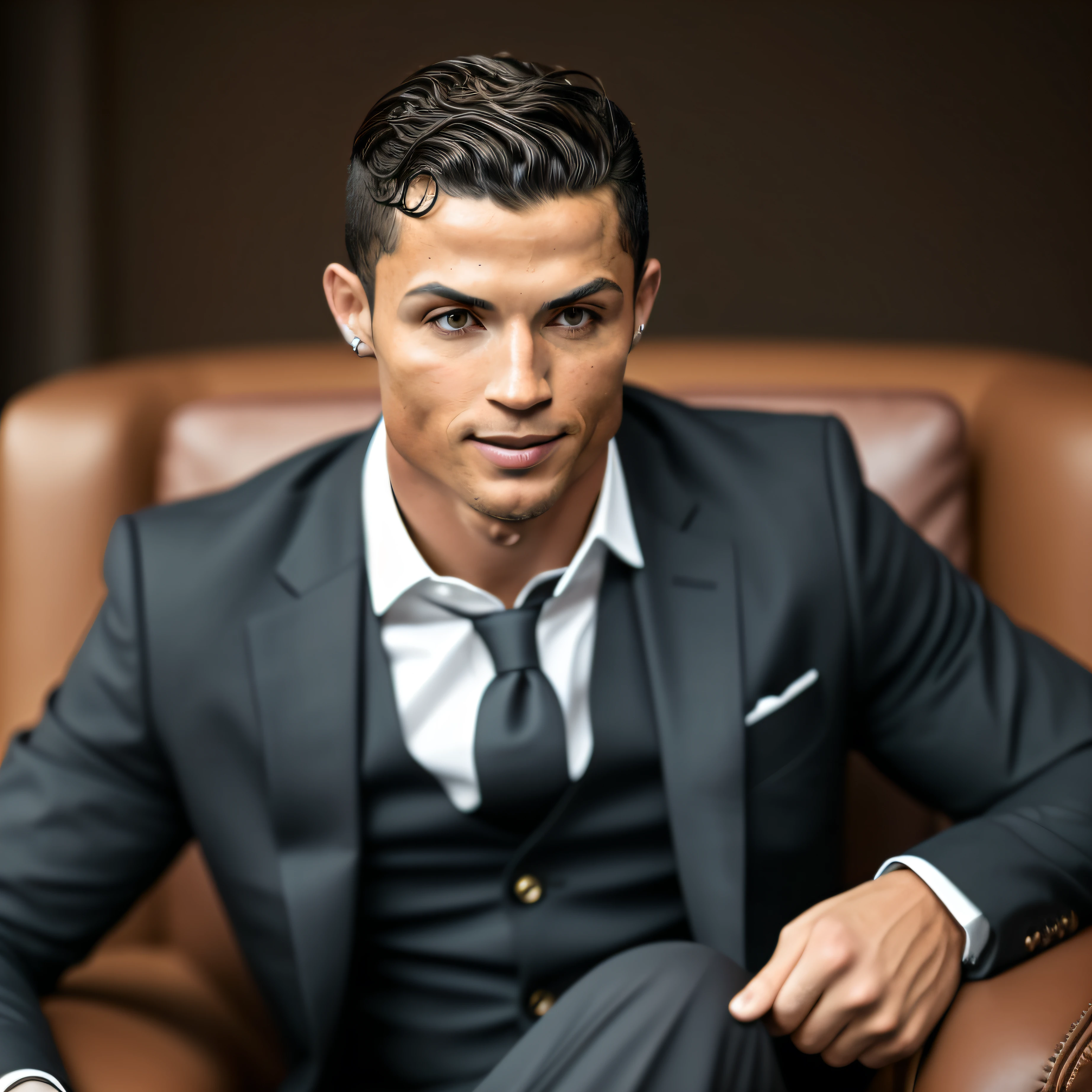 A professional photograph of Cristiano Ronaldo sitting in a dark brown leather armchair, wearing an elegant well-fitting black suit. He stares at the camera, a determined, confident expression on his face. The focus is on Ronaldo's face, highlighting his piercing eyes, his sculpted features and his meticulously trimmed beard. The surrounding environment is minimalist, with white walls and soft lighting that emphasizes detail. Photography, prime 50mm lens, --air 16:9 --v 5