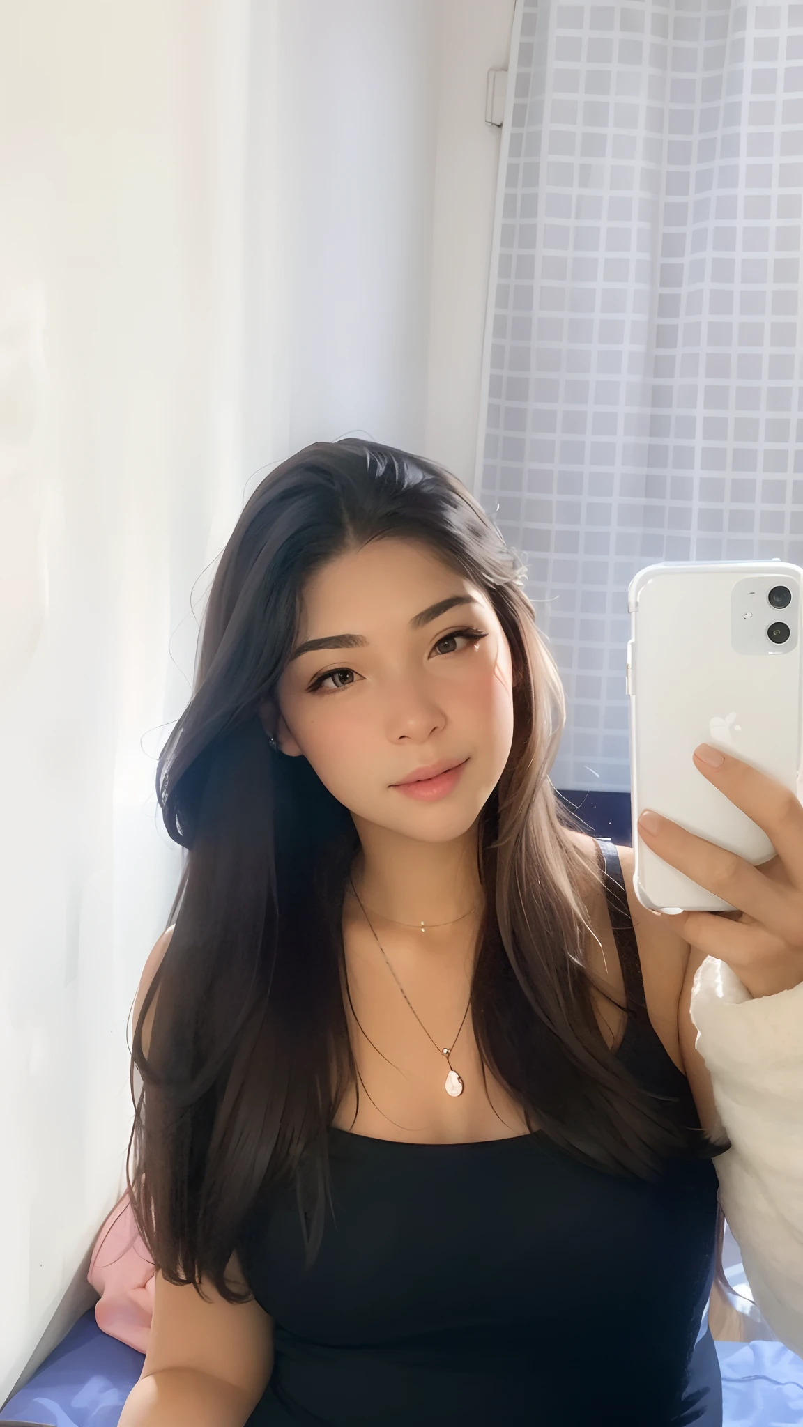 Young woman with brown hair and brown eyes, black strappy dress with silver necklace