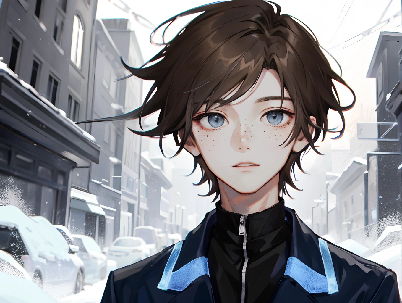 Anime boy blue gray eyes brown hair slender black shirt with glowing blue center black jacket with blue lines mid hair length in snowy city few freckles rounded face edges