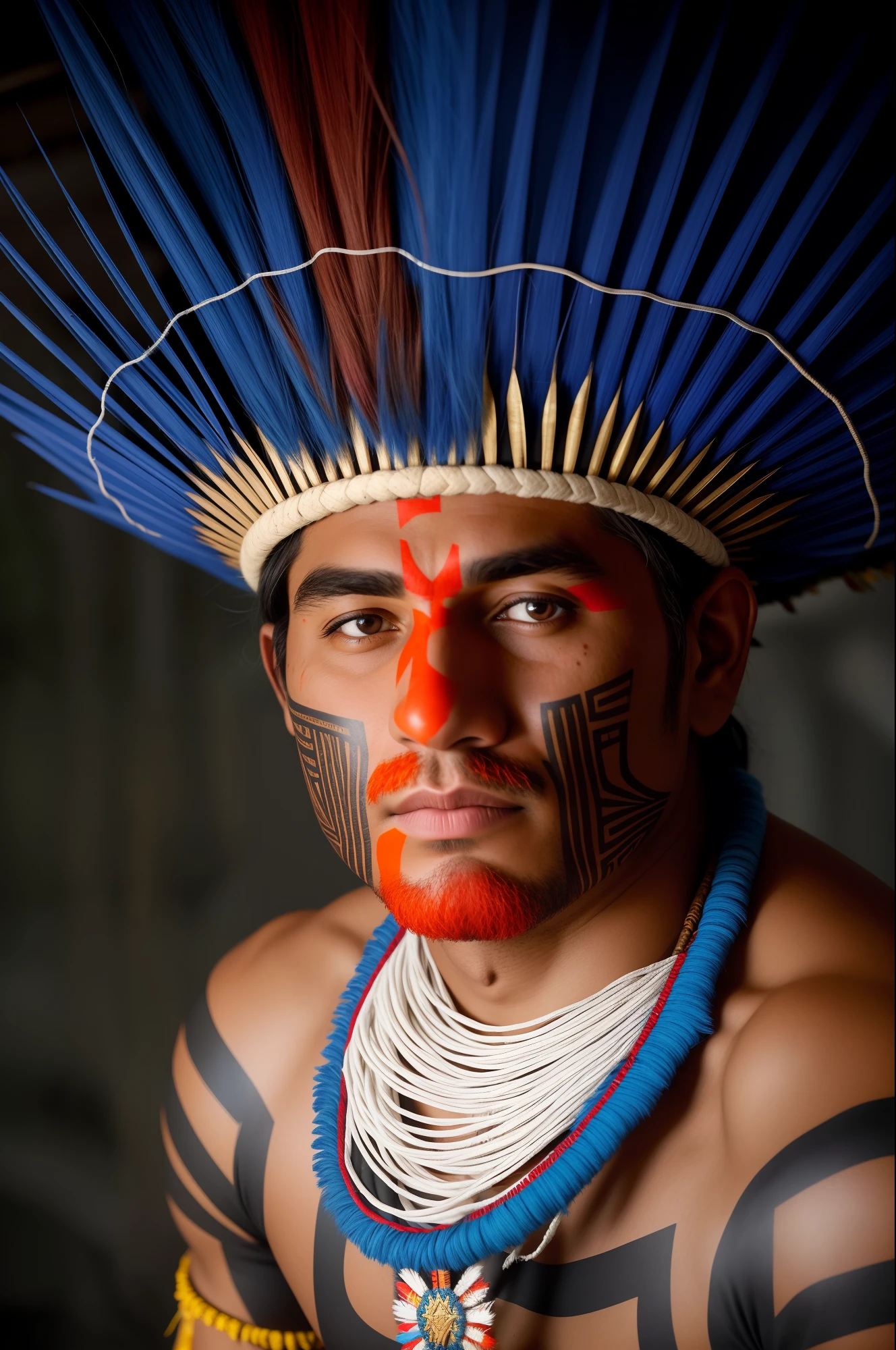 um close up de um homem com um cocar emplumado e uma pintura facial, indigenous man, amazon indian peoples in brazil, ayahuasca shaman, Retrato de um guerreiro, marcas tribais faciais, pintura do rosto do guerreiro vermelho, Indigenous, pintura facial tribal, usando tinta de guerra, Retrato de um guerreiro masculino, usando armadura tribal, pinturas tribais do rosto, anthropological photography, 16k, highes definition, rosto detalhado, rosto detalhado, olhos detalhados, terno detalhado, estilo DC, hiper-realista, + Cinematographic shot + dynamic compositing, incrivelmente detalhado, nitidez, detalhes + detalhes soberbos + noite com luz + perfeccionismo + realismo premiado ((soft-lighting))