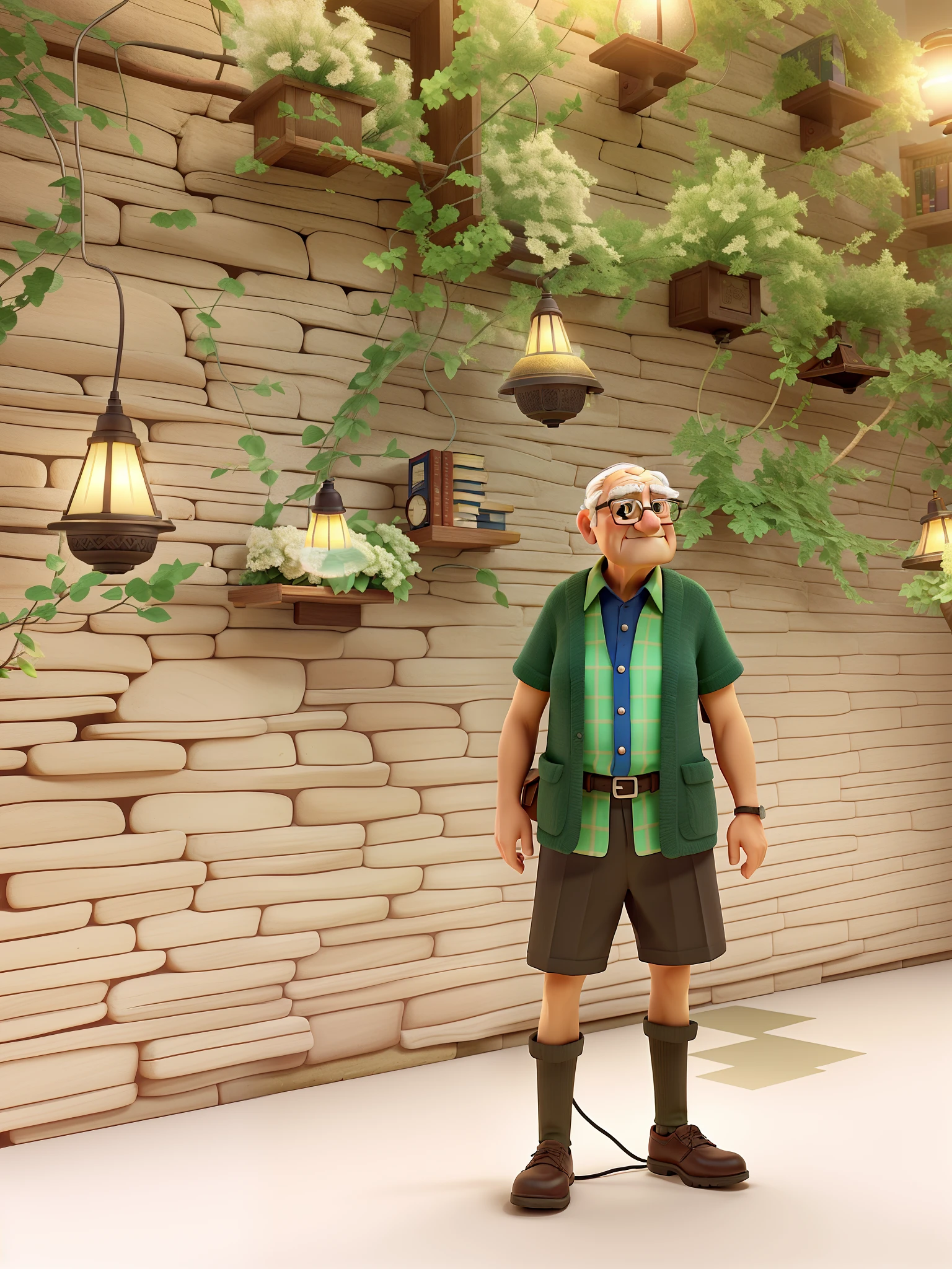 A wise old man standing in front, illuminated by the light of a lamp, against the backdrop of a library