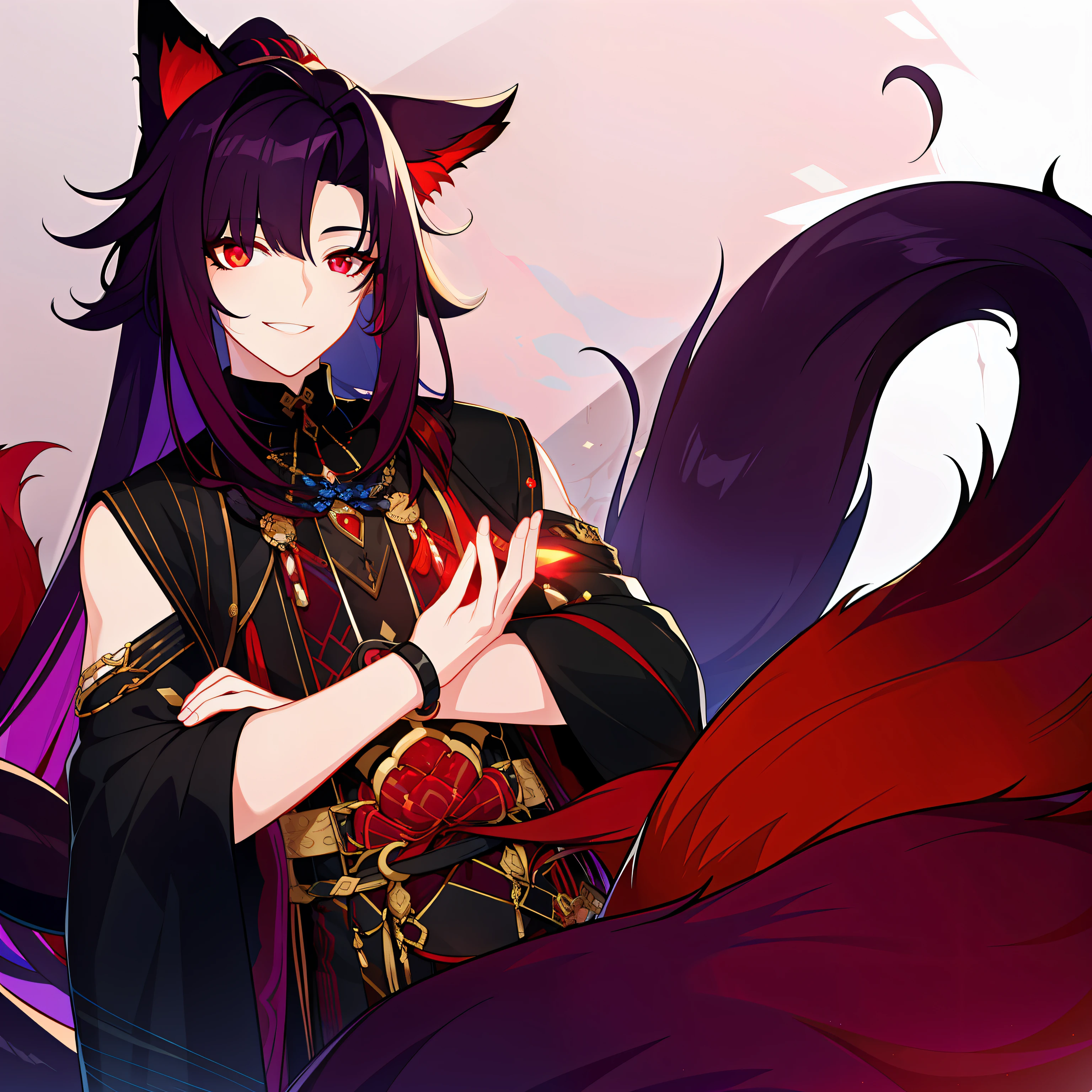 A young guy, cute facial features, dark purple hair gathered in a low bun, faded red eyes, white strict clothes with free light sleeves with lots of jewelry, long black gloves, fox ears and tail, calm gentle smile