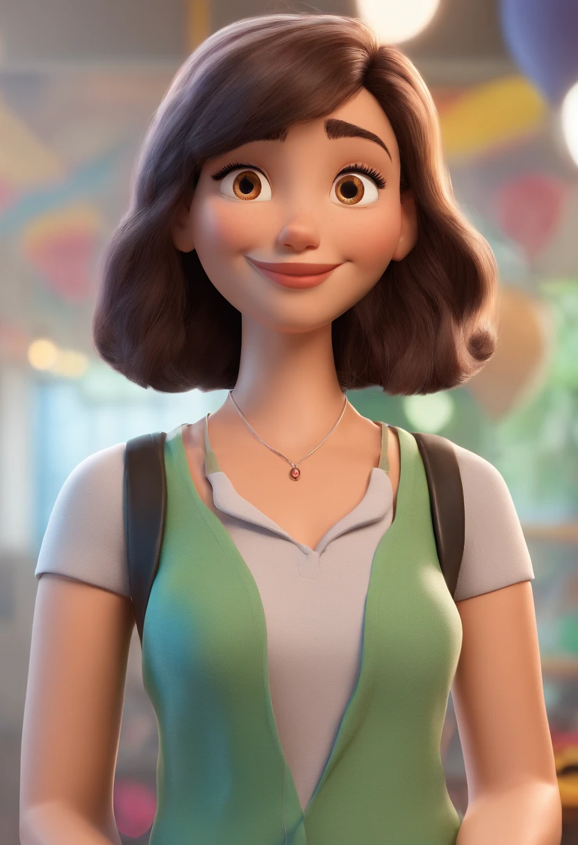 filme Marketing 2023 estilo filmes Pixar, Com nome "N - Marketing", poster, With short, lighter brunette hair and a black t-shirt in front of her crossed arms.