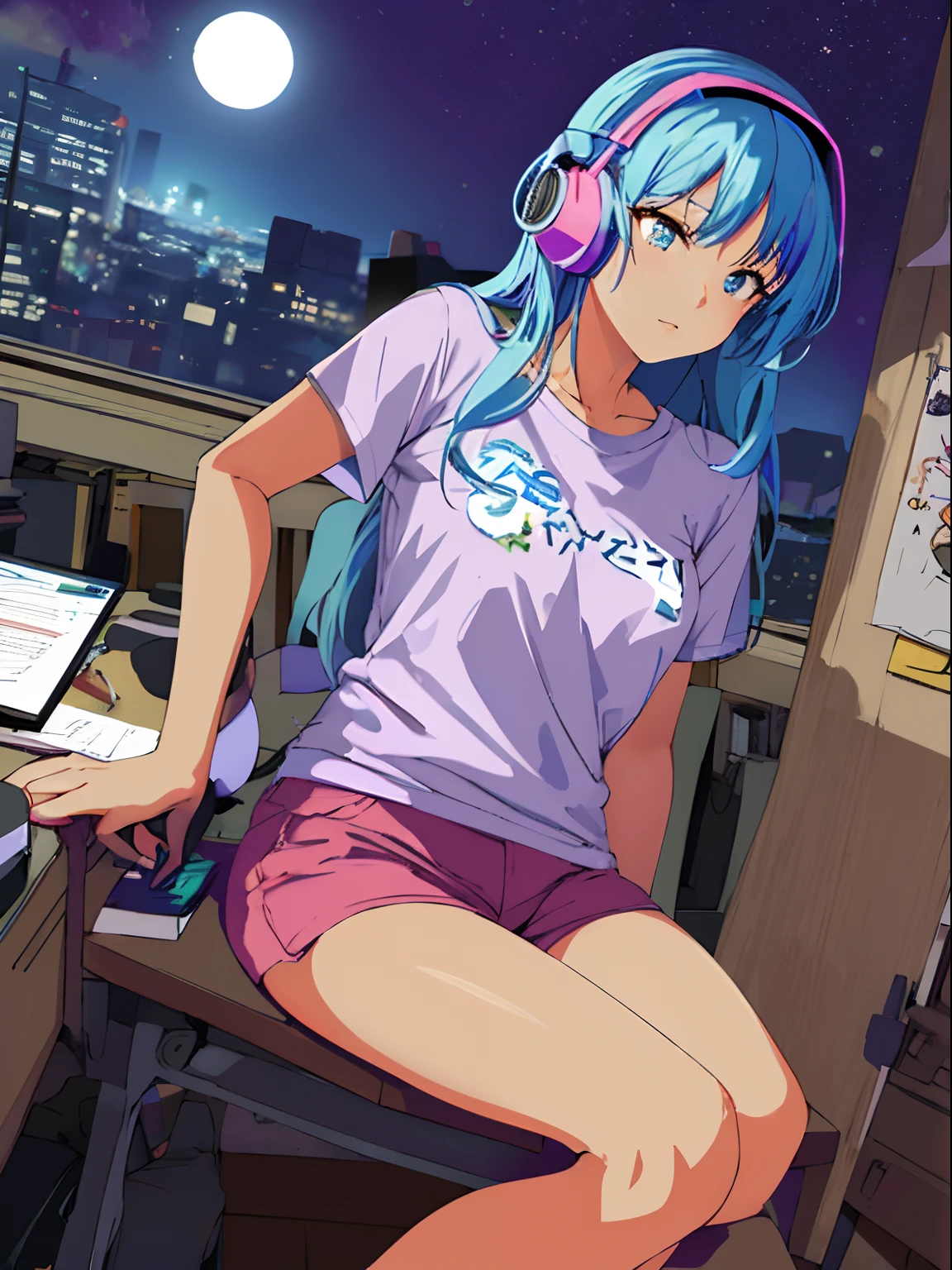 anime girl with blue hair and headphones sitting at a desk, digital anime illustration, busy night, inspired by Rei Kamoi, 8 0 s anime vibe, 2d art, 2 d art, official fanart, in the art style of 8 0 s , dynamic angle, desk light, pink t-shirt, tanned skin, night skies