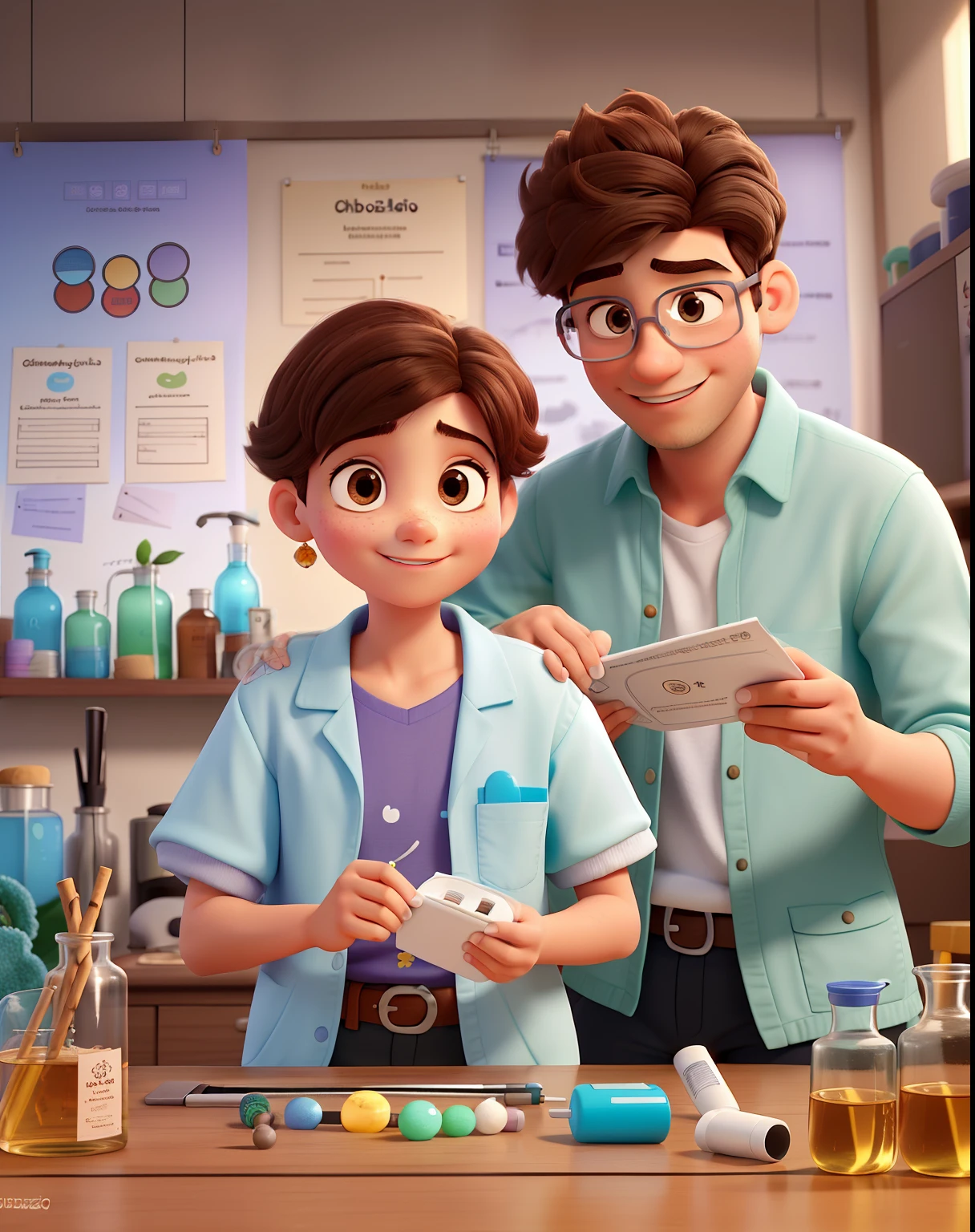 Create a Pixar-style poster with the title "Clara e Lucas". Same as movie animation "Rio" ,Clara is a 20-year-old with fair skin, nariz redondo, cabelos lisos castanho escuro e olhos pequenos escuros. Lucas is a 24-year-old with dark skin, cabelo pequeno, olhos pequenos escuros, bigode e alto. They're both dressed as chemists in a lab, sorrindo e olhando-se como em uma foto de casamento