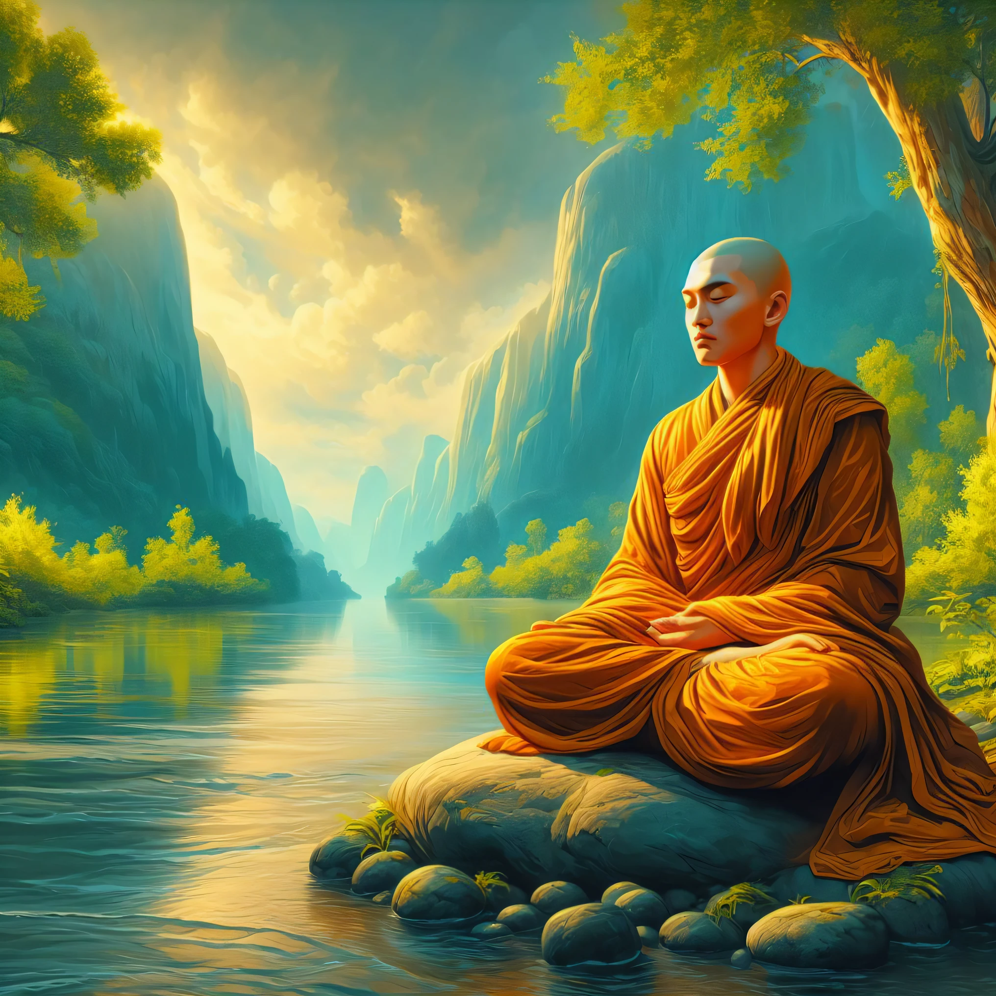 a close up of a person sitting on a rock near a river, monk meditate, buddhist monk meditating, buddhism, buddhist monk, hindu stages of meditation, zen meditation, buddhist, on path to enlightenment, meditating, floating in a powerful zen state, on the path to enlightenment, meditation, serene expression, praying meditating, monk, spiritual enlightenment