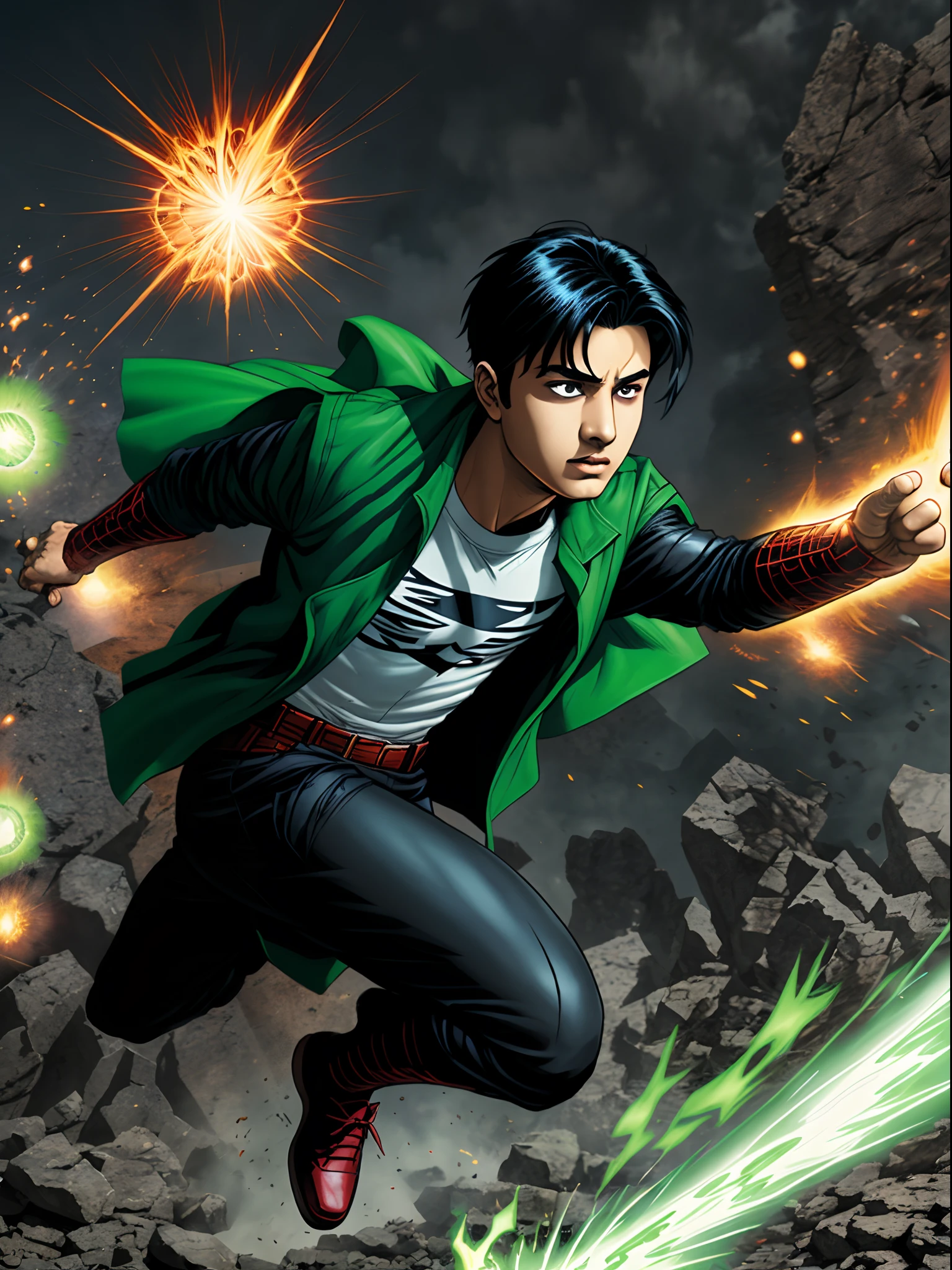 Pakistani boy with black hair and greens energy powers and flight in marvel comics style