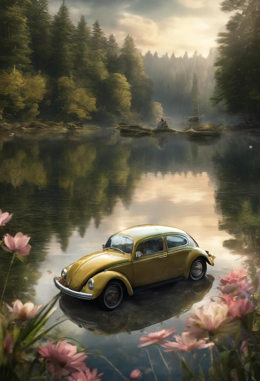 A heartwarming scene in ultra-high-definition 3D showing a lifelike beetle next to a tranquil lake. Lindamente renderizado em detalhes, is seen gently blowing bubbles into the air, each carrying a hopeful desire. As bolhas captam o reflexo do sol poente, criando um sonhador, magical effect. The general atmosphere is tender, full of hope and serenity