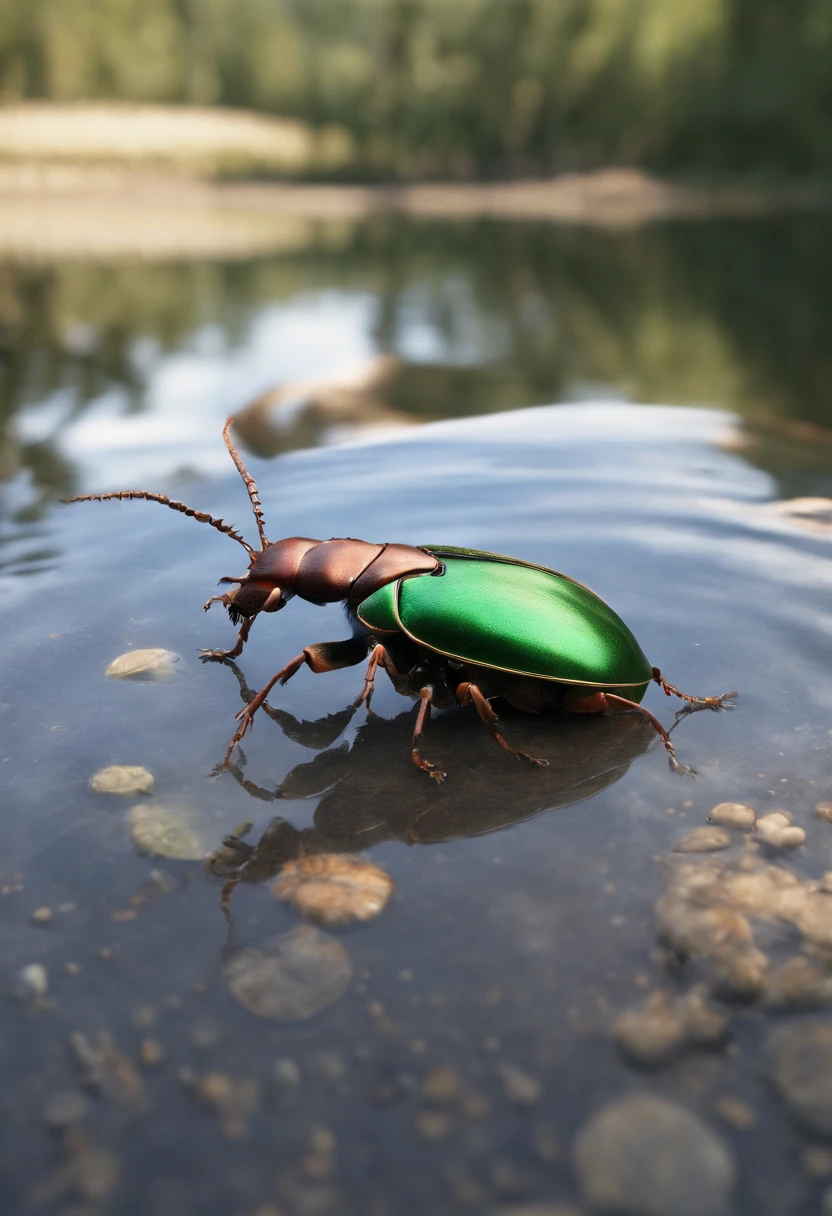 A heartwarming scene in ultra-high-definition 3D showing a lifelike beetle next to a tranquil lake. Lindamente renderizado em detalhes, is seen gently blowing bubbles into the air, each carrying a hopeful desire. As bolhas captam o reflexo do sol poente, criando um sonhador, magical effect. The general atmosphere is tender, full of hope and serenity