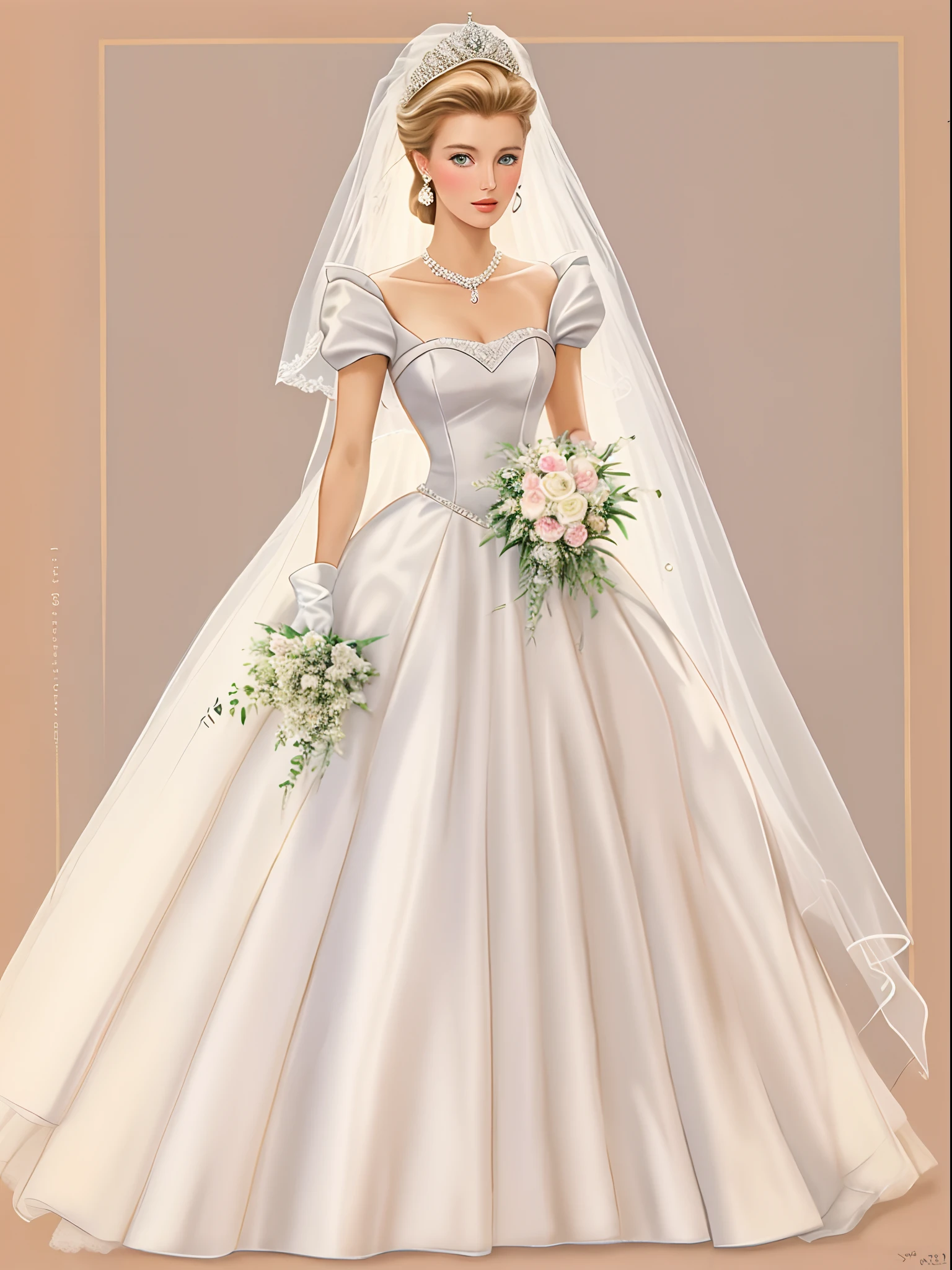 1980s style, Design sketch, Princess Grace's royal wedding dress updated for the late 1980's with a Cinderella aesthetic, influenced by Princess Diana's and Sarah Ferguson's wedding dresses