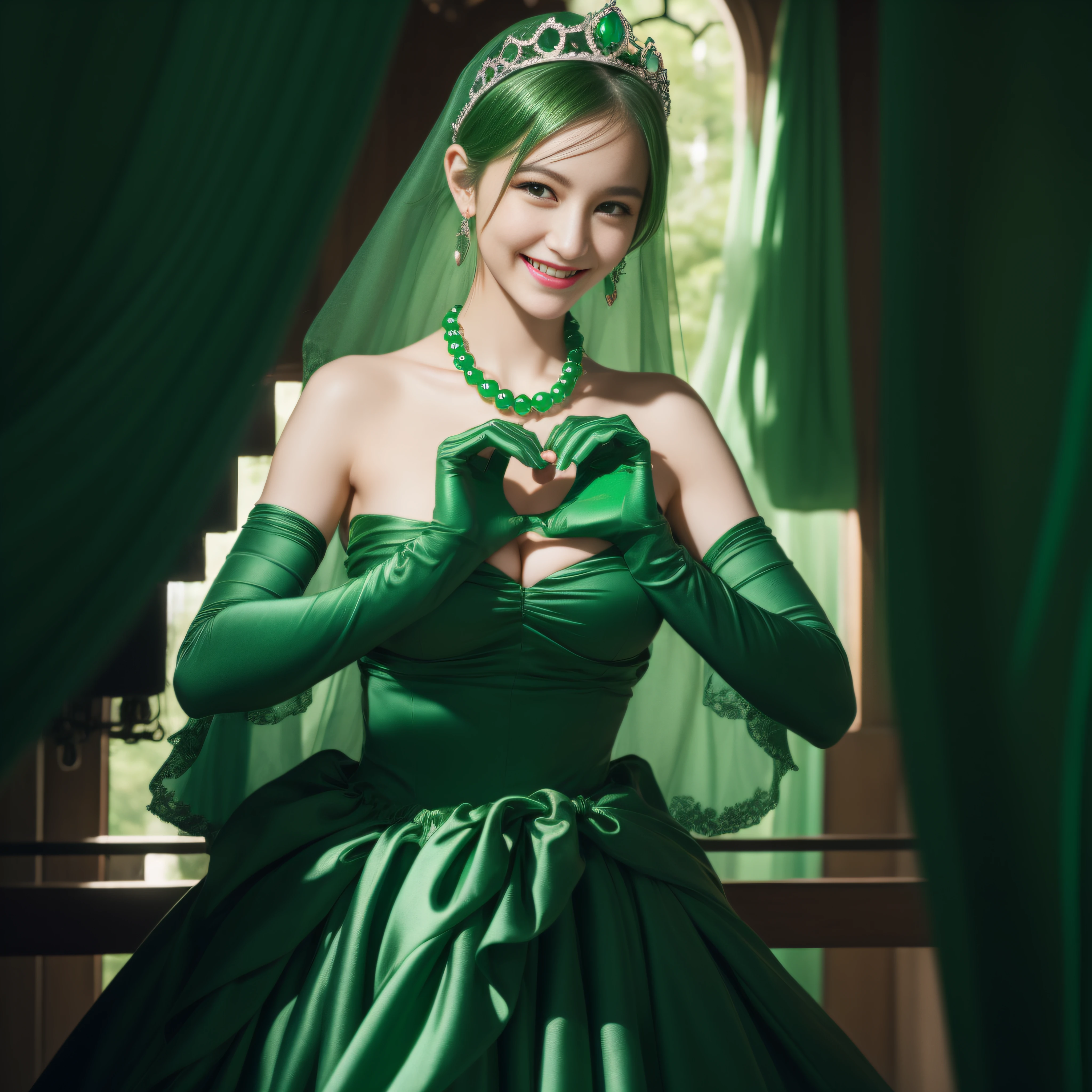 emerald tiara, Green Pearl Necklace, Boyish very short green hair, lipsticks, Japan woman smiling, very short short hair,  big breasts beautiful, Green eyes, Long green gloves made of satin material, Green eyes, Emerald Earrings, green vale, Heart with both hands