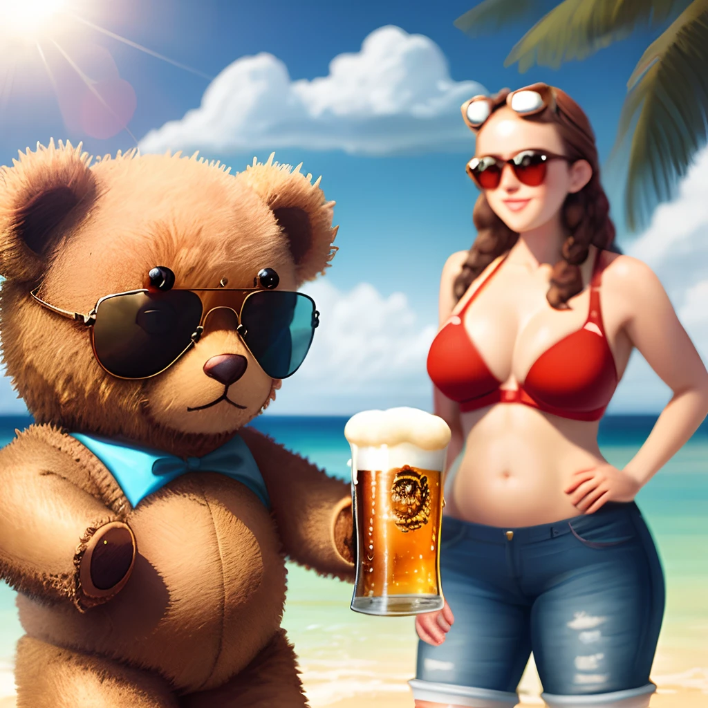 Teddy bears with sun glasses, having a beer shrinking