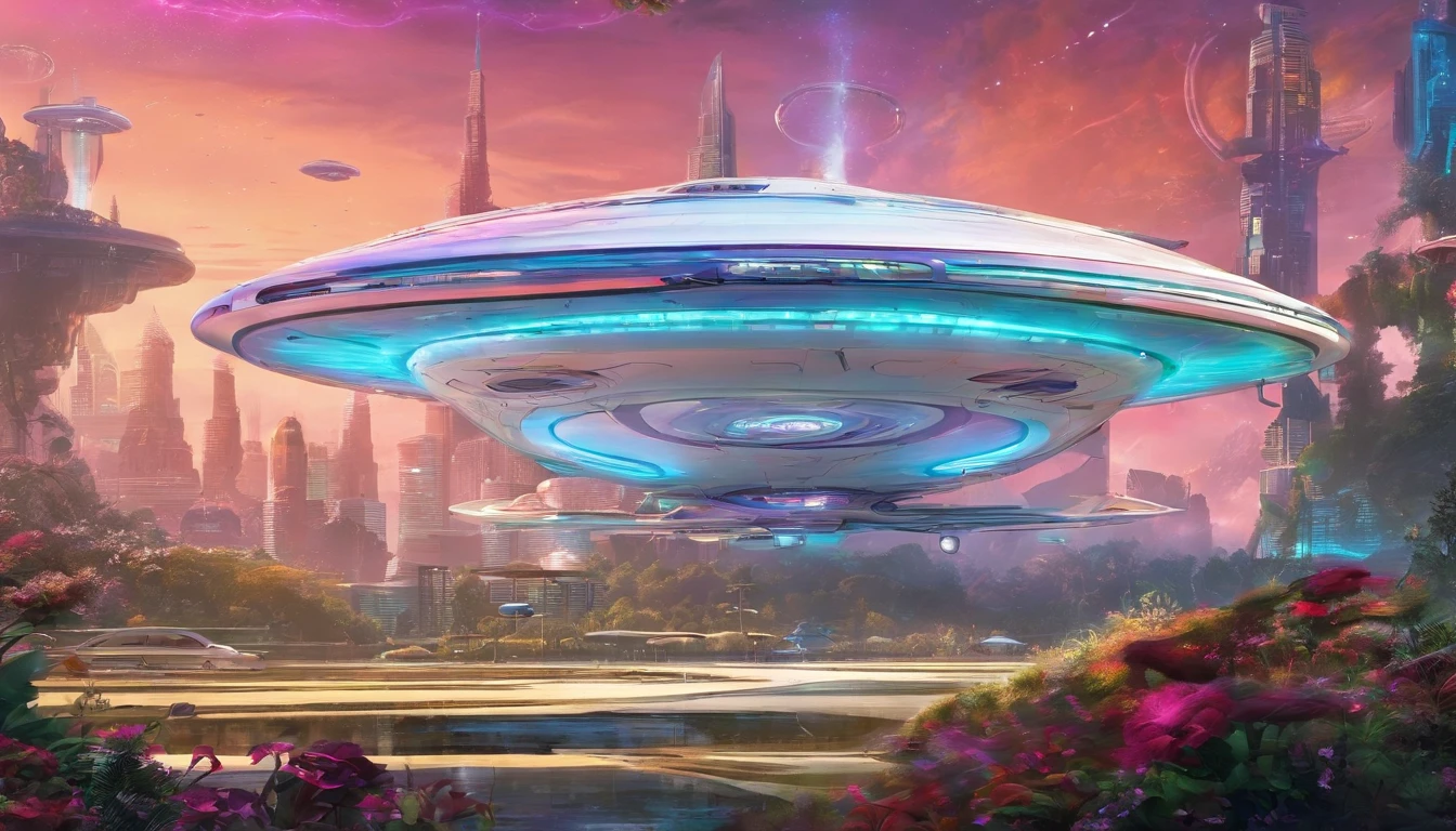 In the universe，Oval flying saucer，Projected in the modern city, people, flowers, plants, oceans, cars, white bungalows, villas, and a bank