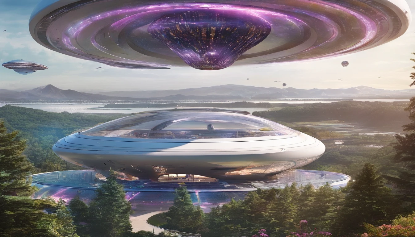 In the universe，Oval flying saucer，Projected in the modern city, people, flowers, plants, oceans, cars, white bungalows, villas, and a bank