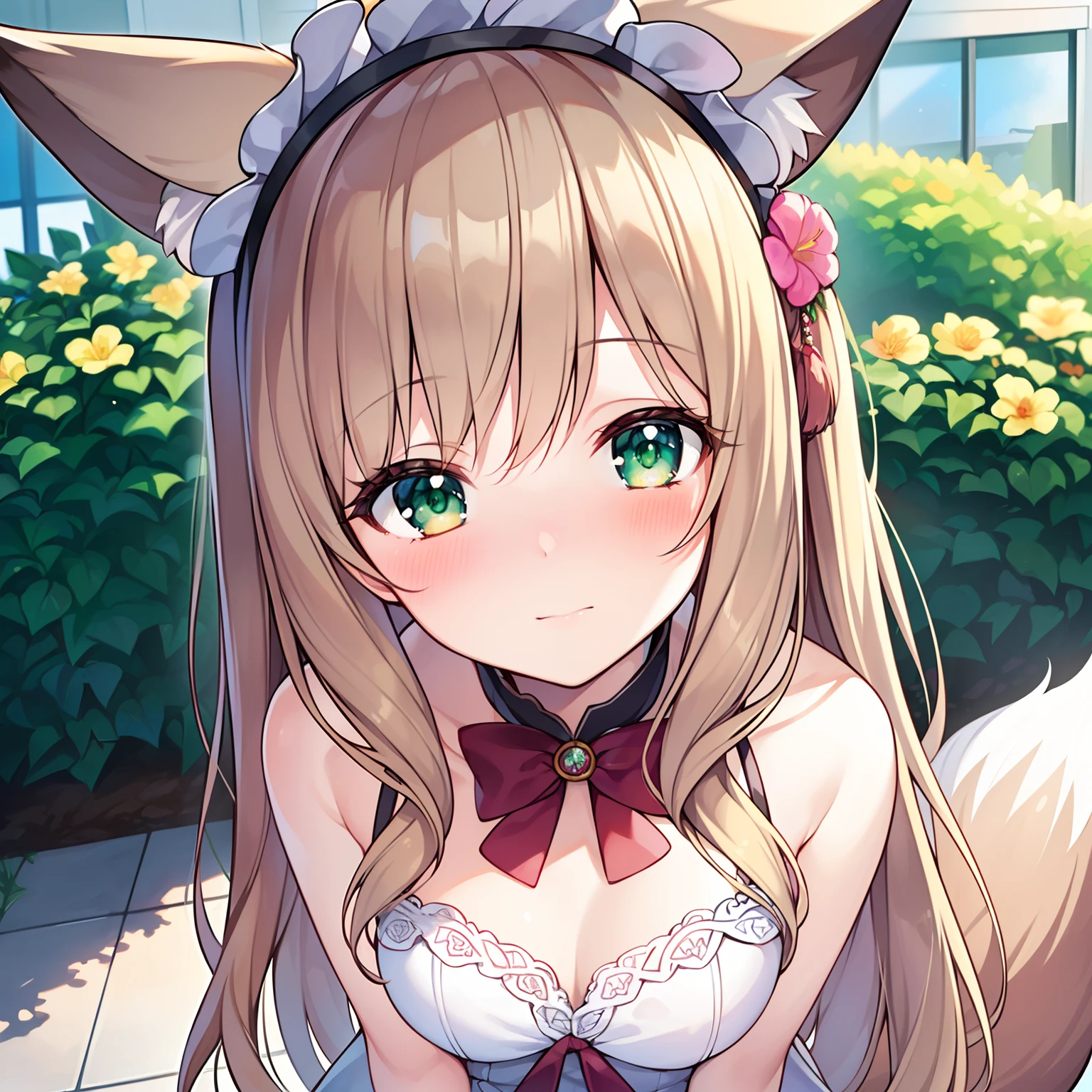 (Masterpiece, Best quality, high resolution), 1girll, Solo, Oversized fox tail，Long brown hair，Green eyes，Small flower headdress, (-yeld jurn architecture，(Blushing:1.3),A MILF, Close-up of lower body，