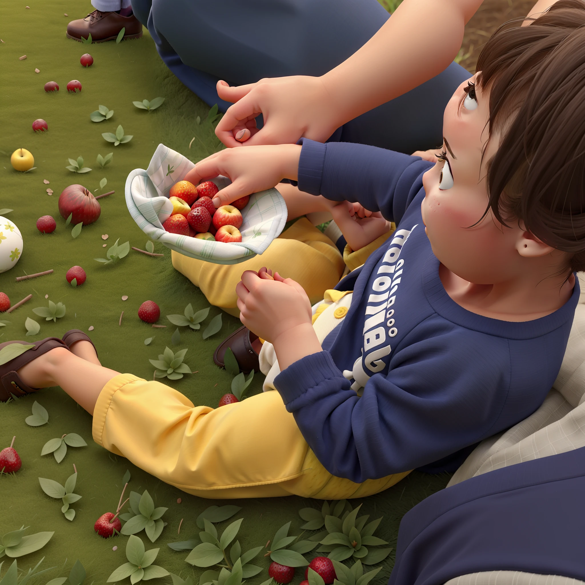 Baby Sitting On Grass Picking Fruit In Mother's Hands