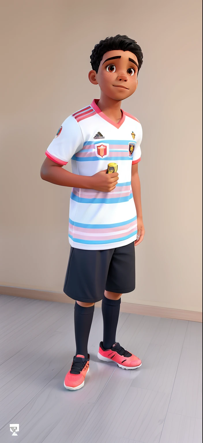 Um menino moreno com roupa de futebol meia preto e chuteira rosa de alta qualidade