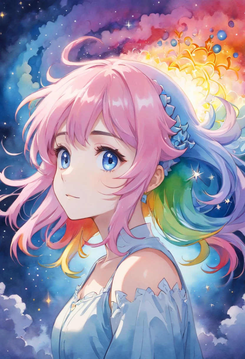(masterpiece, top quality, best quality,watercolor (medium),official art, beautiful and aesthetic:1.2),(1girl:1.3), (fractal art:1.3),upper body, from side, looking at viewer,patterns,(rainbow color Hair,colorful hair,half blue and half pink hair:1.2),water,liquid, cloud,colorful, starry,stars,