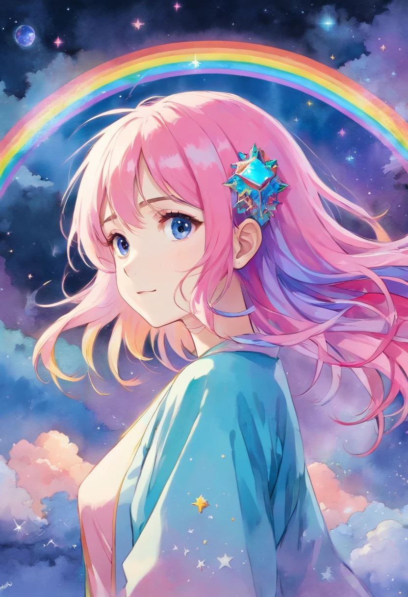 (masterpiece, top quality, best quality,watercolor (medium),official art, beautiful and aesthetic:1.2),(1girl:1.3), (fractal art:1.3),upper body, from side, looking at viewer,patterns,(rainbow color Hair,colorful hair,half blue and half pink hair:1.2),water,liquid, cloud,colorful, starry,stars,
