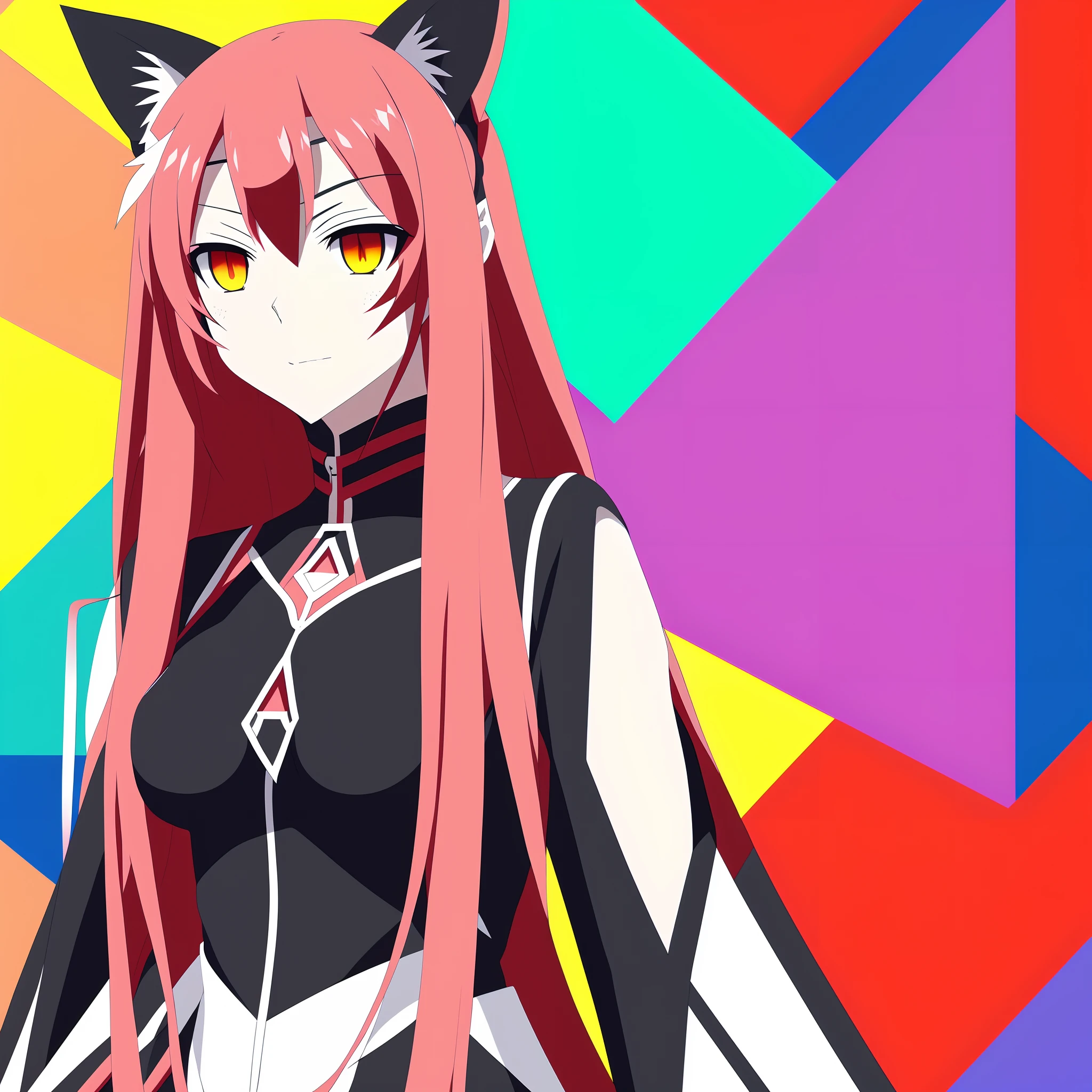 flat illustration, an anime girl with red long hair and cat ears, geometric shapes, look into camera,colorful niji5-- style expressive
