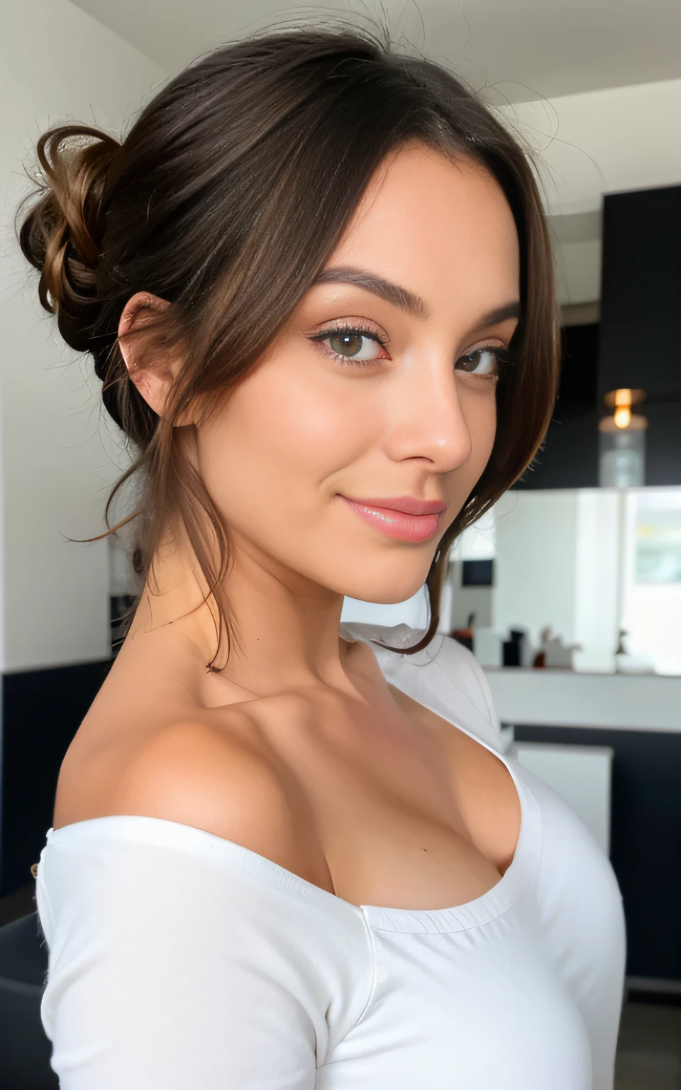 Belle brune portant un pull beige clair (Soins des ongles dans un salon de beauté moderne), très détaillée, 21 ans, visage innocent, cheveux ondulés naturels, yeux bleus, résolution élevée, Chef-dœudansre, meilleur qualité, Détails complexees, très détaillé, mise au point nette, peau détaillée, texture de peau réaliste, texture, yeux détaillés, professionnel, 4K, sourire charmant, filmé sur Canon, 85 mm, faible profondeur de champ, Couleur Kodak Vision, corps parfaitement ajusté, extrêmement détaillée, photographier_\(ultra\), photoréaliste, Réaliste, Post-traitement, Un maximum de détails, rugosité, vie réelle, Ultra réaliste, photoréalisme, photographie, 8K UHD, photographie, travail, bureau