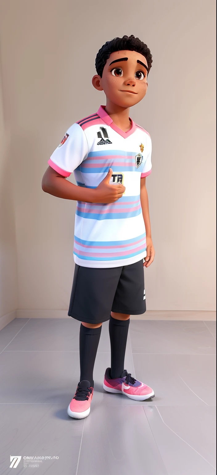 Um menino moreno com roupa de futebol meia preto e chuteira rosa de alta qualidade