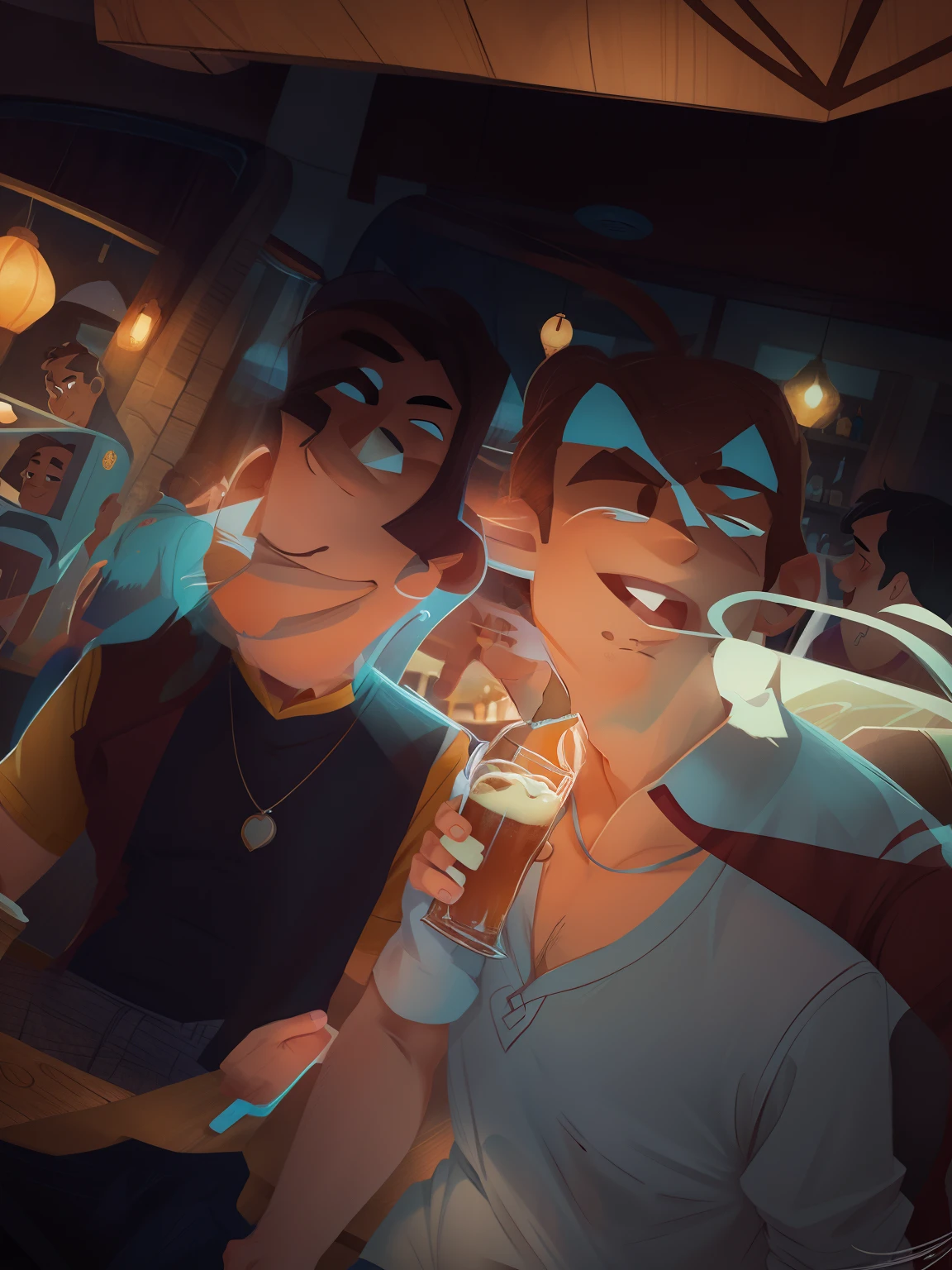 Casal apaixonado, estilo Disney, no bar bebendo cerveja.