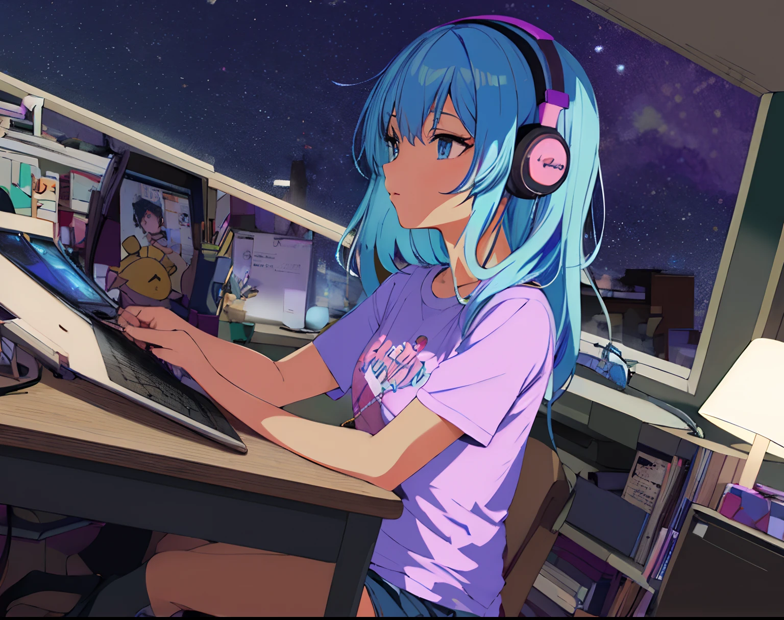 anime girl with blue hair and headphones sitting at a desk, digital anime illustration, busy night, inspired by Rei Kamoi, 8 0 s anime vibe, 2d art, 2 d art, official fanart, in the art style of 8 0 s , dynamic angle, desk light, pink t-shirt, tanned skin, night skies