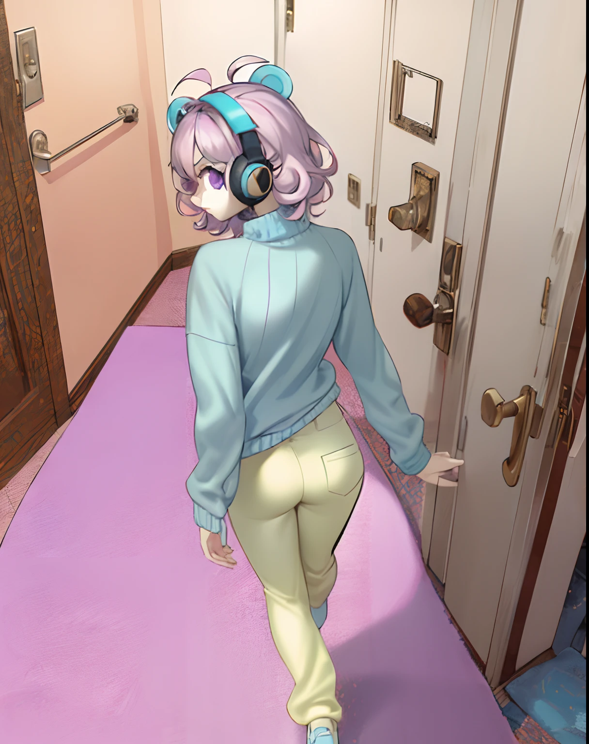 girl in a room with a pink carpet and a pink rug, Blue sweater, pastel yellow baggy pants, yellow pants, blue shoes, cyan headphones, bear headphones, pink hair, short hair, unmade hair, curly hair tips, purple eyes, beautiful eyes, white skin, ahoge, !!dynamic angle!!, walking towards a door, camera from below, looking back at the camera, 20 years old