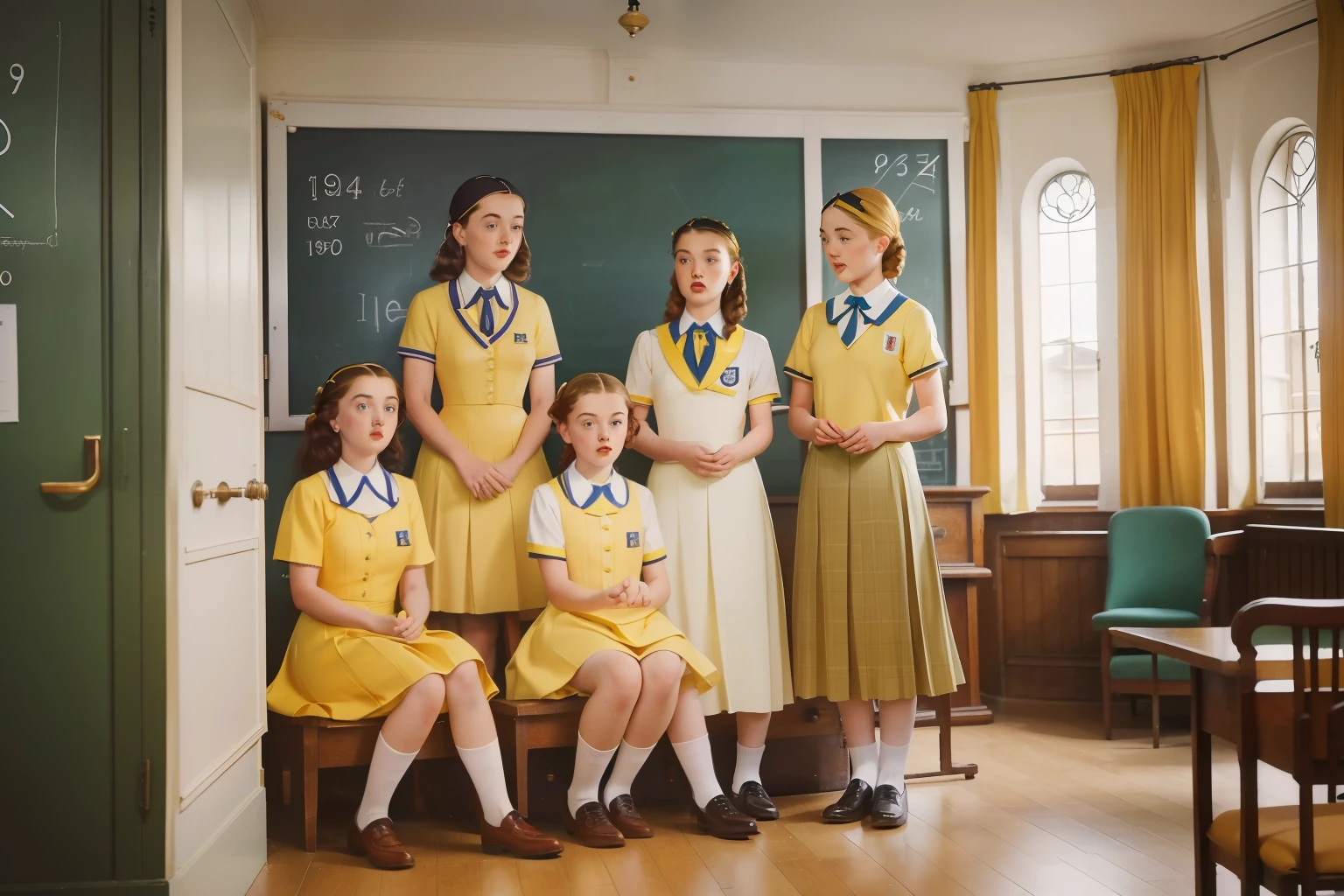 year: 1946. Location: England. Pre-Raphaelite -yeld scl girls, yellow uniform, boarding school, Malory Towers, ((((school Clothing from the 1940s)))) ((Hairstyle of the 1940s)), ((("OMITB" cinematography)))