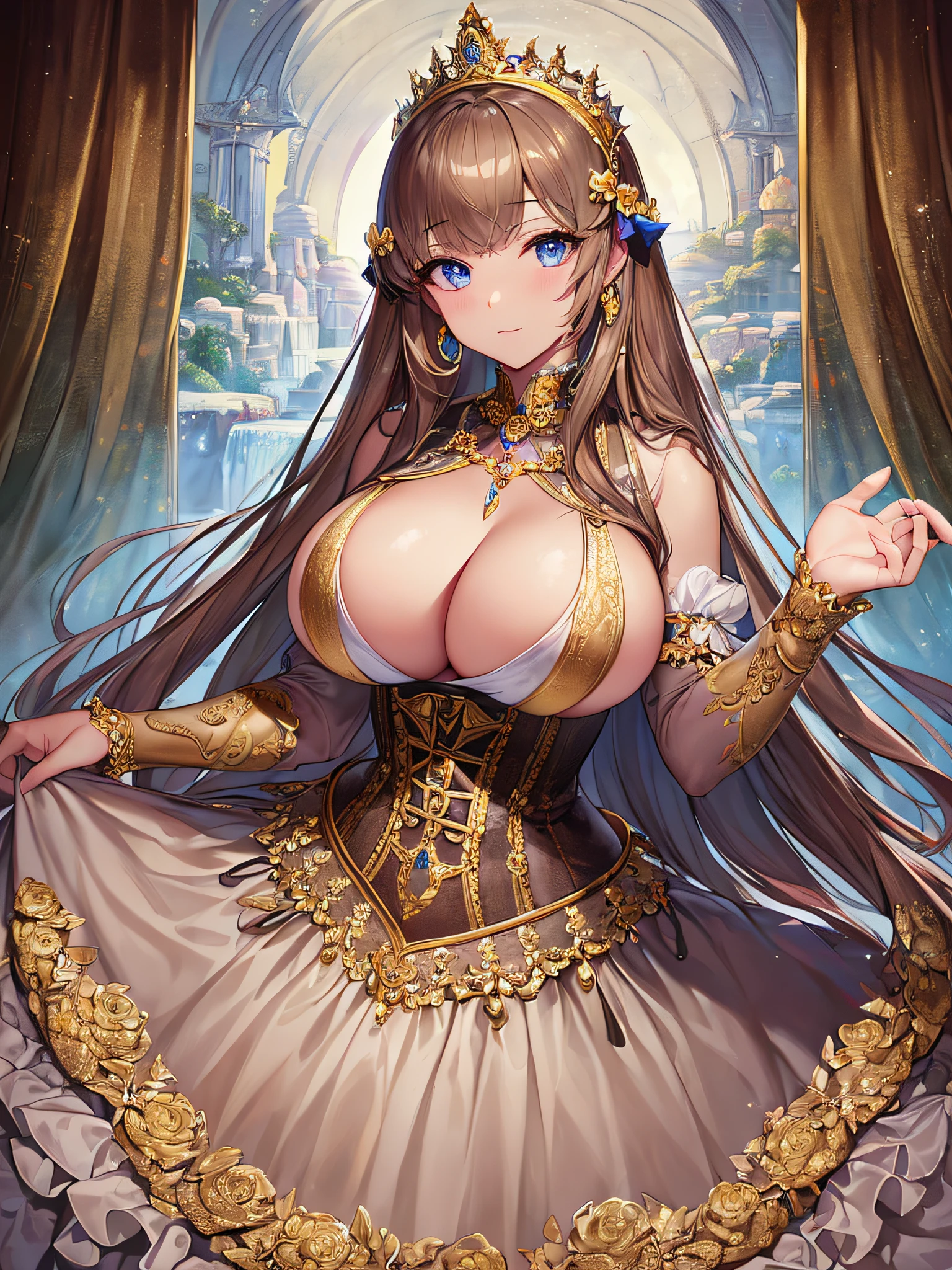 best quality, masterpiece, best definition, artwork, super detailed, many details, details, detailed,woman,(one princess), full body, full body,detailed face and eyes,jewel-like eyes,((very gigantic boobs)),cleavage,Skindentation,(((absurdly long Hair))),Straight Hair,super detailed gorgeous ballgown with voluminous full length hoop skirt,gorgeous rococo ballgown with big bows,corset,gorgeous rococo ballgown with big bows,gorgeous rococo ballgown with beautiful embroidery and jeweled,ruffles,bling-bling extremely gorgeousfull jeweled tiara,whole body,
