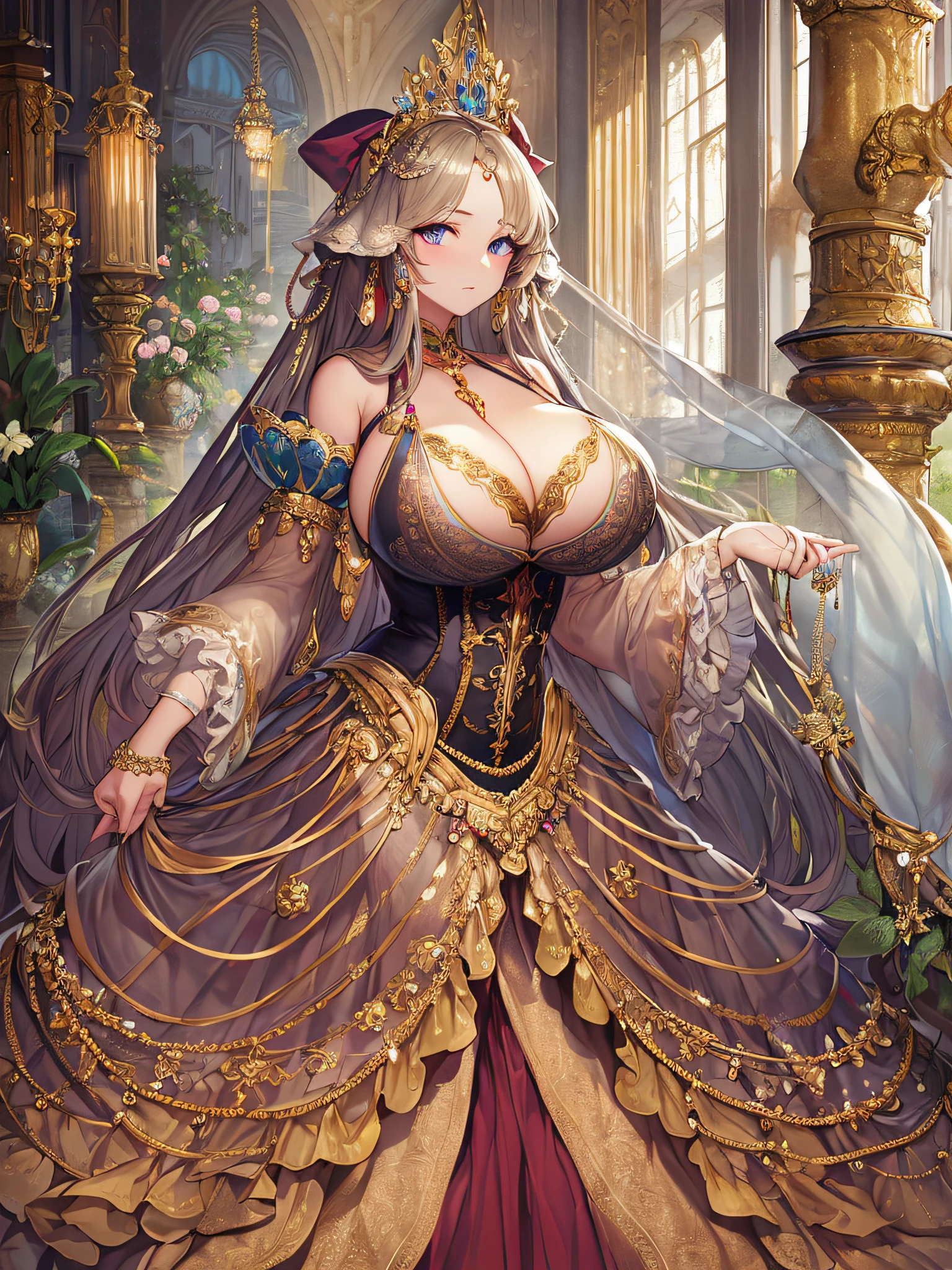 best quality, masterpiece, best definition, artwork, super detailed, many details, details, detailed,woman,(one princess), full body, full body,detailed face and eyes,jewel-like eyes,((very gigantic boobs)),cleavage,Skindentation,(((absurdly long Hair))),Straight Hair,super detailed gorgeous ballgown with voluminous full length hoop skirt,gorgeous rococo ballgown with big bows,corset,gorgeous rococo ballgown with big bows,gorgeous rococo ballgown with beautiful embroidery and jeweled,ruffles,bling-bling extremely gorgeousfull jeweled tiara,whole body,