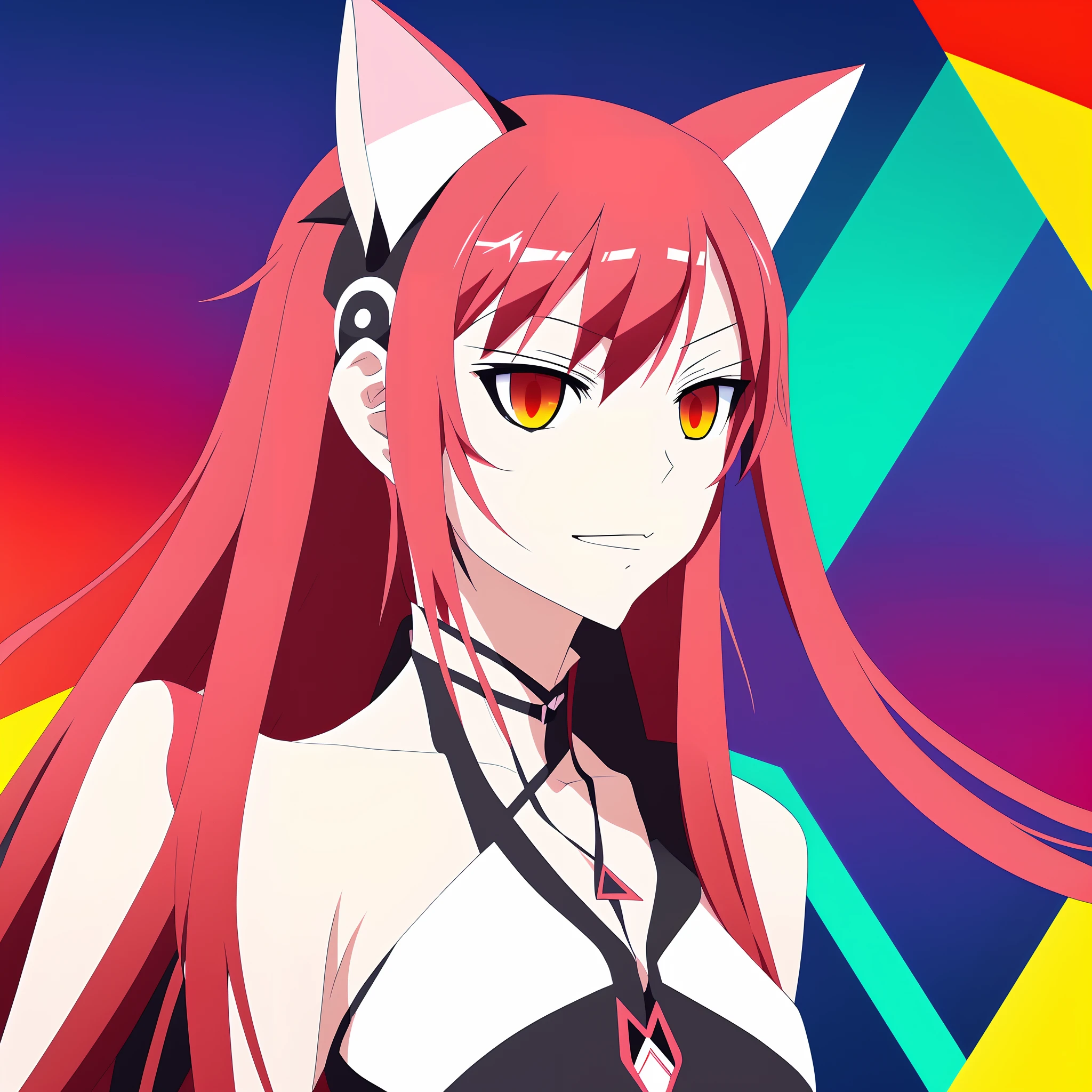 flat illustration, an anime girl with red long hair and cat ears, geometric shapes, look into camera,colorful niji5-- style expressive