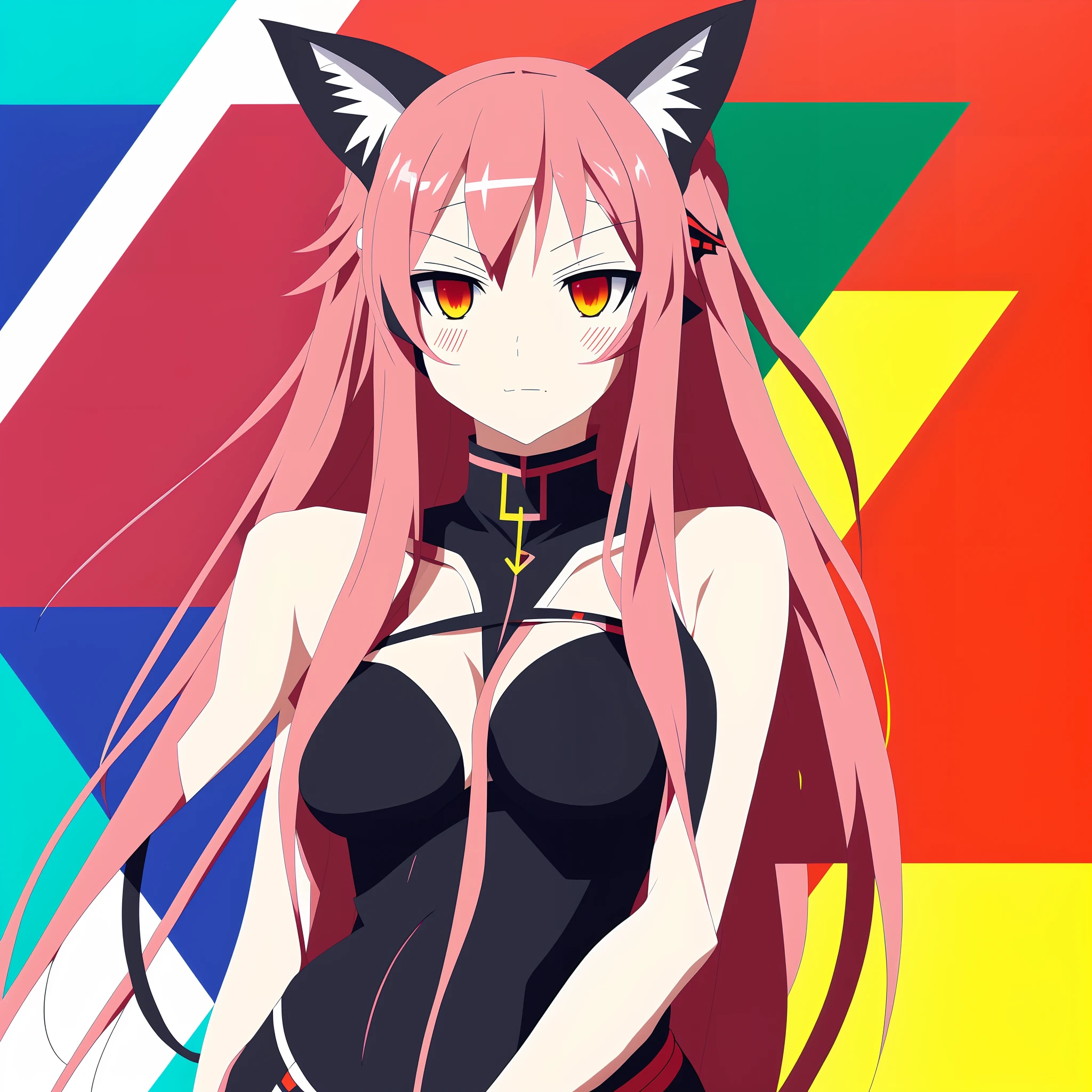 flat illustration, an anime girl with red long hair and cat ears, geometric shapes, look into camera,colorful niji5-- style expressive