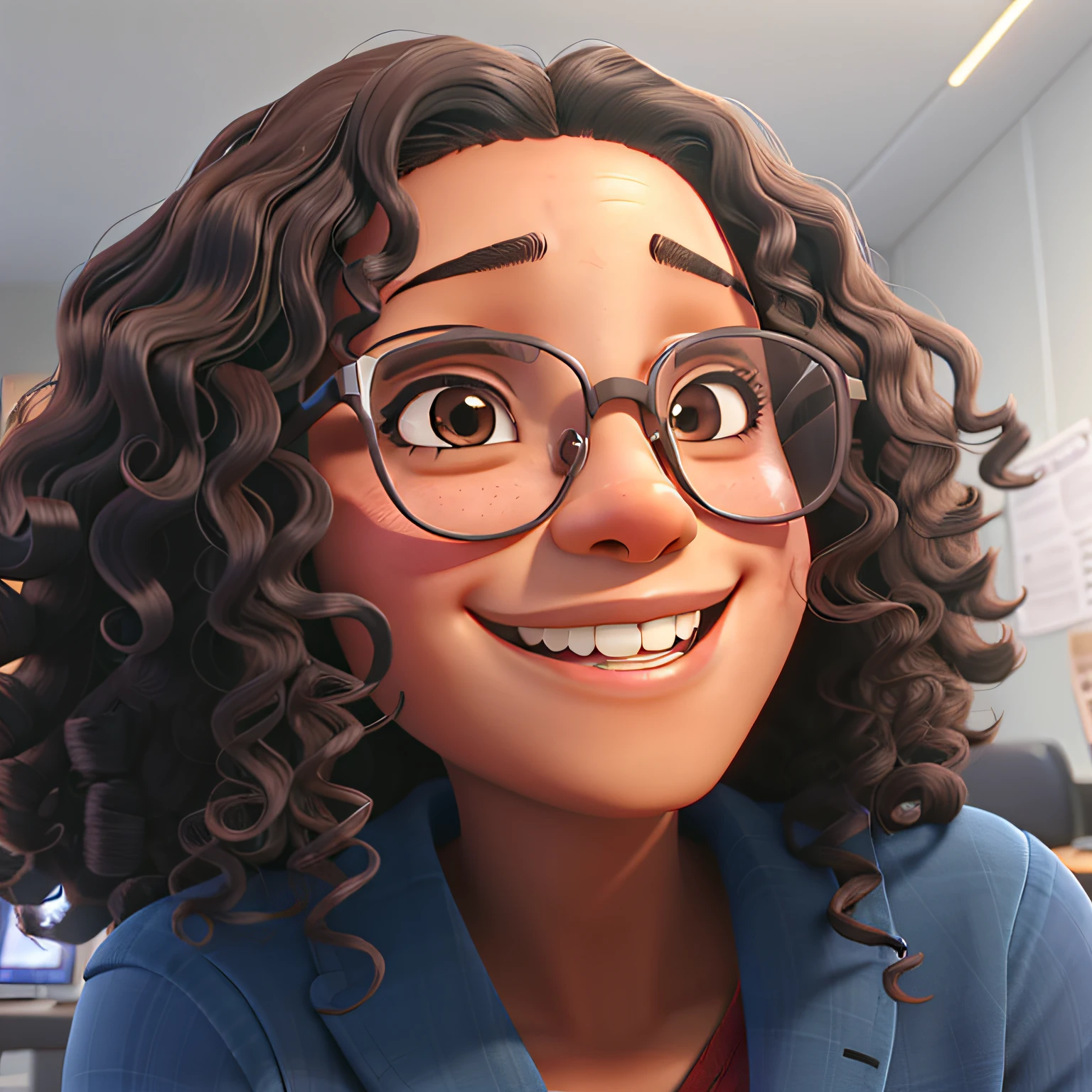 young adult 21 years old, curly hair, dark skin, wearing glasses, smiling