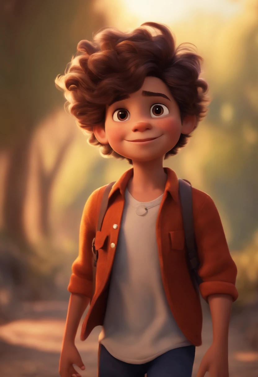 Image of a boy for a story in a YouTube video in Pixar format, He's the little allabester, He's the class leader, He's outgoing, Playful and gets up for a lot of things, cabelo curto