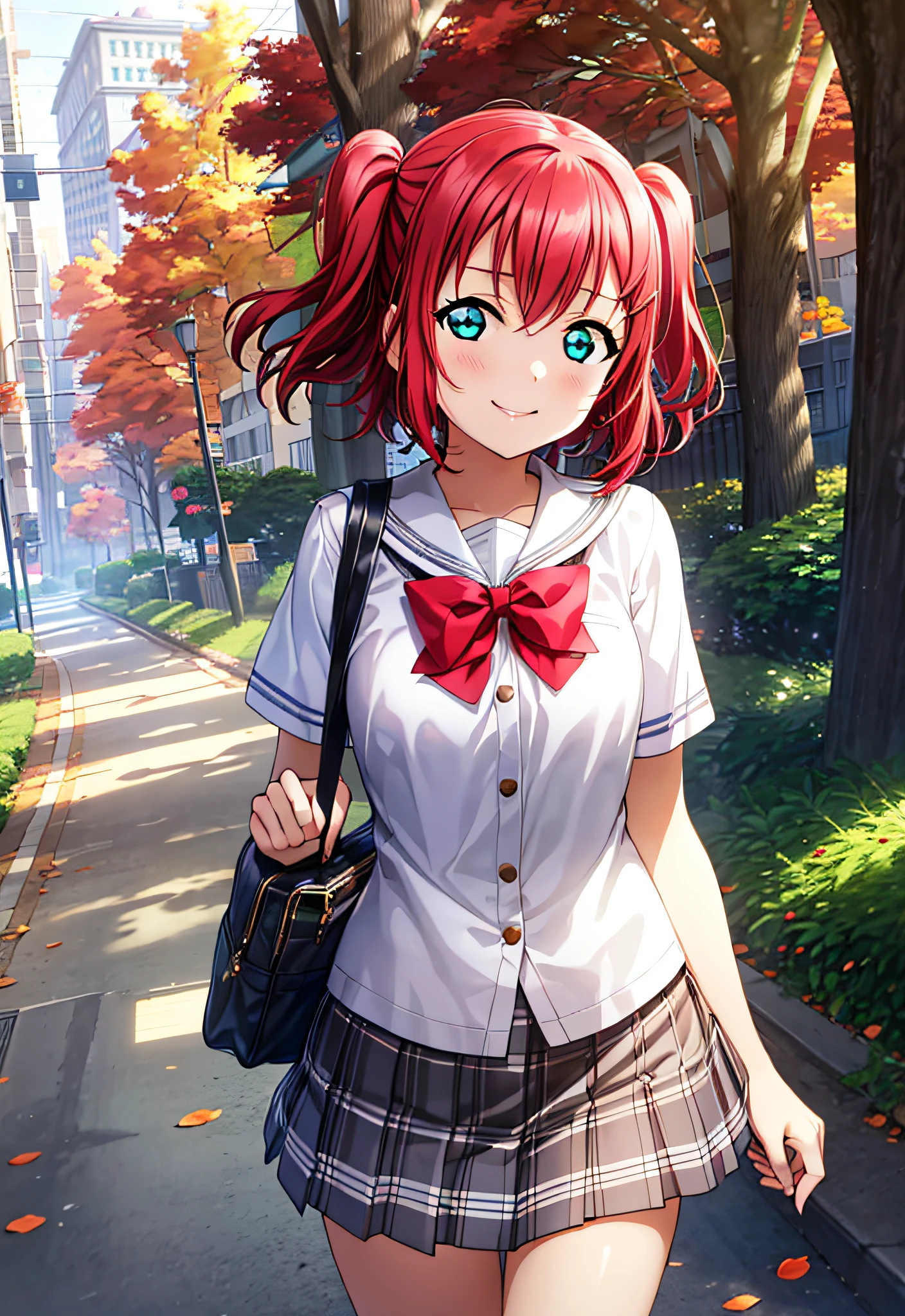 ，short  skirt，smile, white panties , Uranohoshi school uniform, , kurosawa ruby, twintails, short hair, red hair, turquoise eyes, small breast asutepiece, Highest Quality, walking on the park,