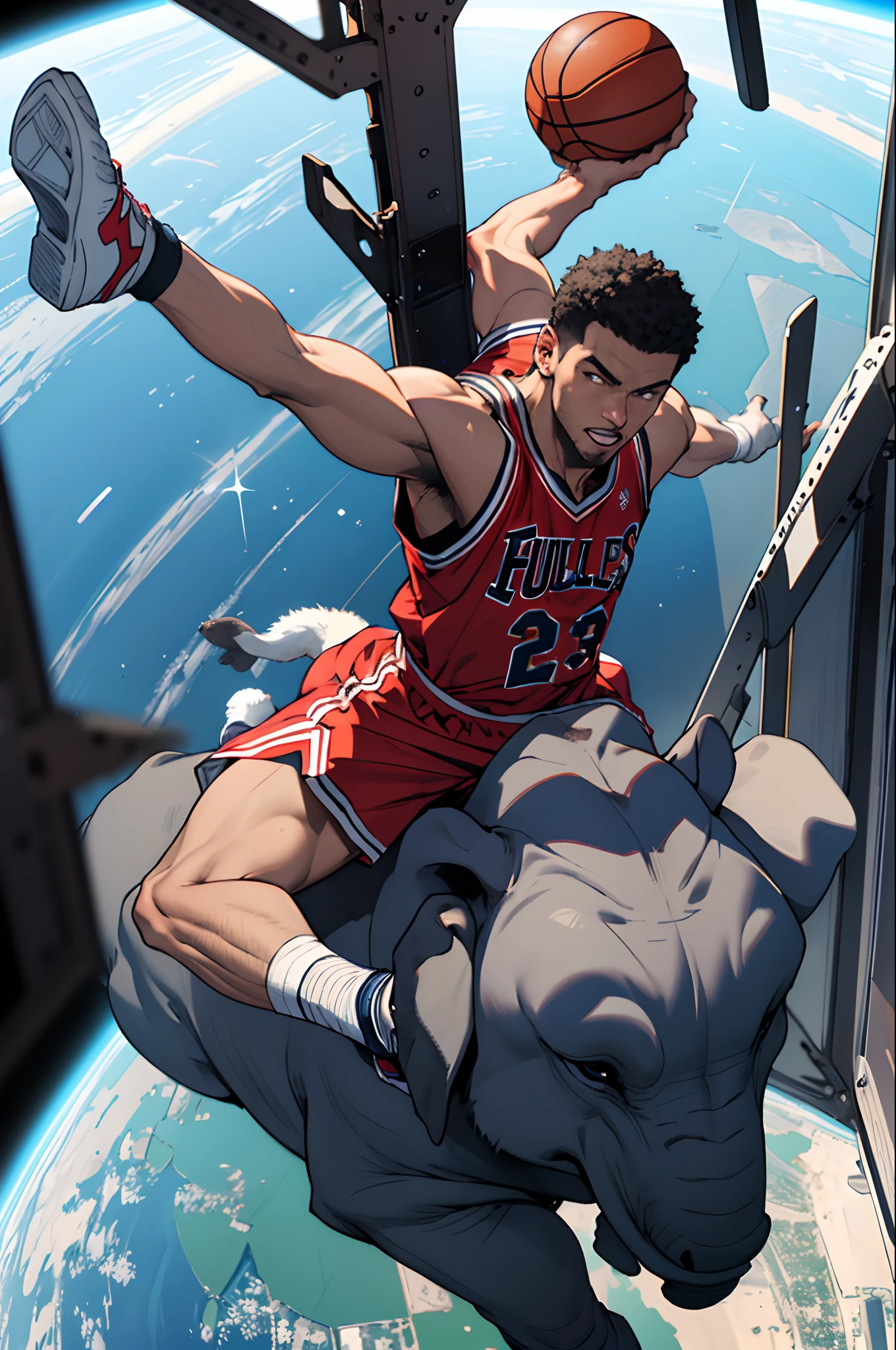 A picture of michael jordan dunking on elephants in space with astroids hitting the ground