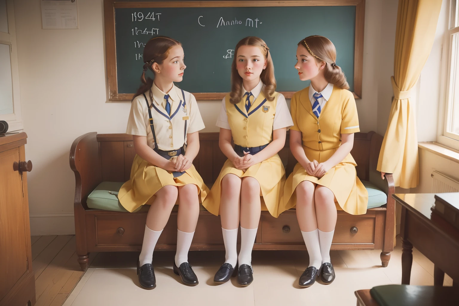 year: 1946. Location: England. Pre-Raphaelite -yeld scl girls, yellow uniform, boarding school, Malory Towers, ((((school Clothing from the 1940s)))) ((Hairstyle of the 1940s)), ((("OMITB" cinematography)))