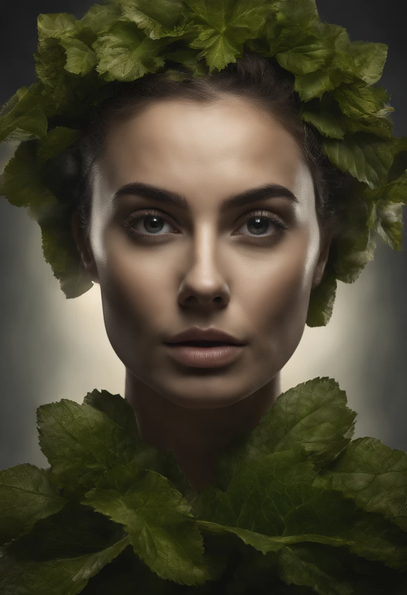 retrato surrealista: Crie um retrato de um personagem misturando elementos realistas e surreais. Por exemplo, You can combine the human face with elements of animals, plantas ou objetos inanimados.Foco frontal), (No escuro:1.6), retrato, arte de fantasia, Realistic photo, dynamic lighting, art-station, poster, Volumetric lighting, Rostos muito detalhados, 4 mil, Premiado