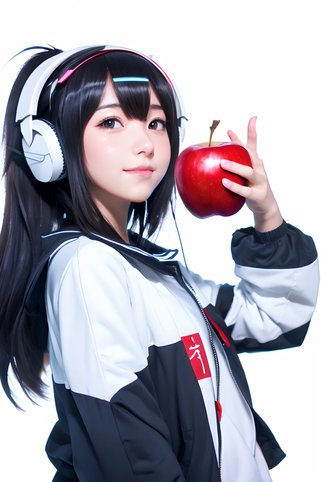 Anime girl with headphones holding an apple and pointing, an anime drawing inspired by Li Shida, pixiv, Realism, anime style 4 k, best anime 4k konachan wallpaper, Kantai Collection Style, with apple, portrait anime space cadet girl, High quality anime art style, cyber school girl, anime moe art style, anime girl of the future