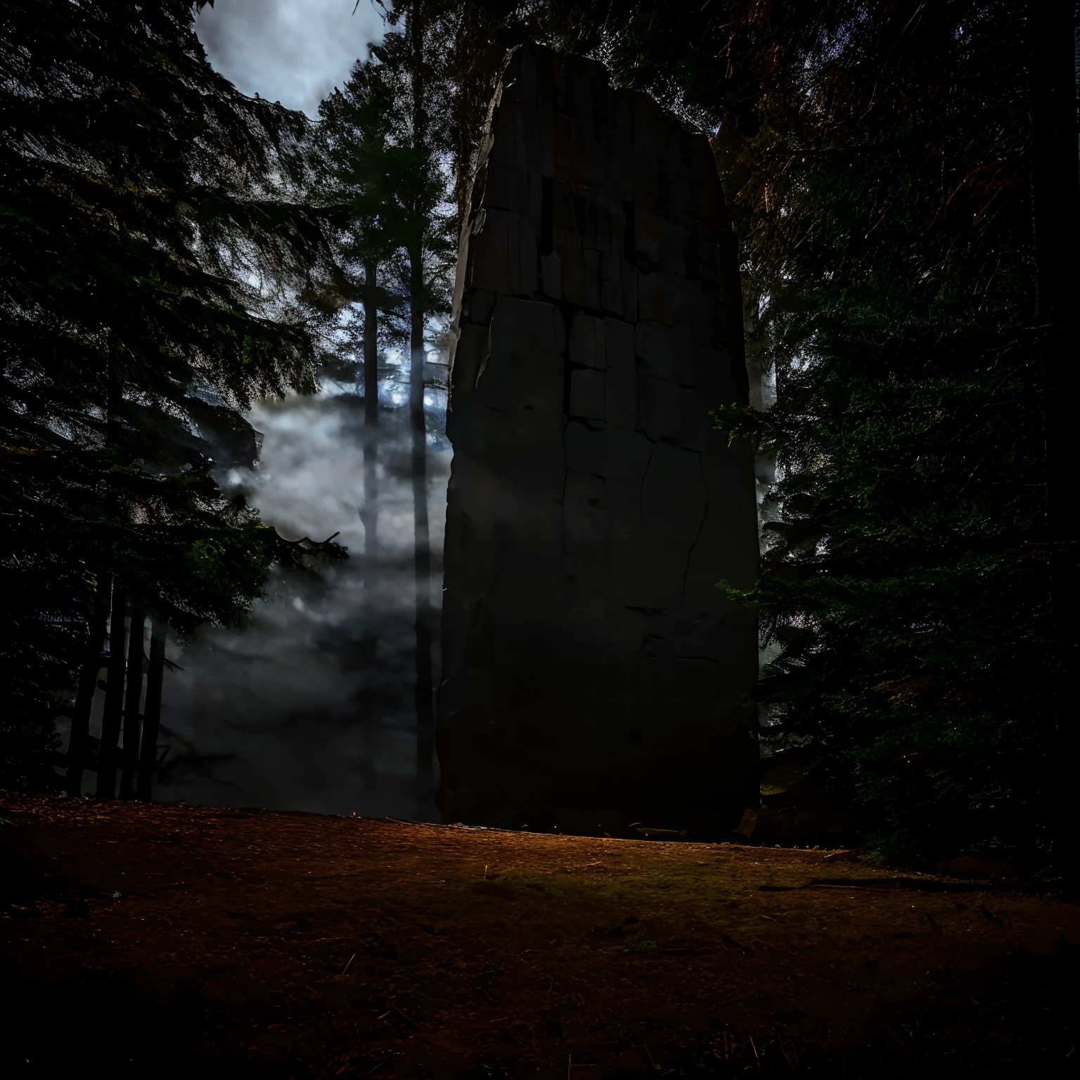Giant ancient monolith in a haunted forest