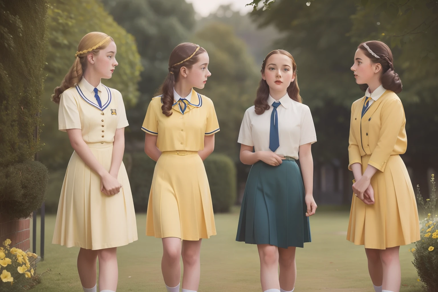 year: 1946. Location: England. Pre-Raphaelite -yeld scl girls, yellow uniform, boarding school, Malory Towers, ((((school Clothing from the 1940s)))) ((Hairstyle of the 1940s)), ((("OMITB" cinematography)))