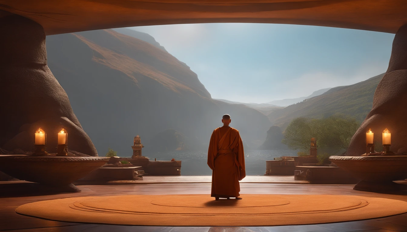 Monk and the Scopio, Pixar, cinematic lighting, reflection light, panorama, UHD, UHD, high quality, best quality