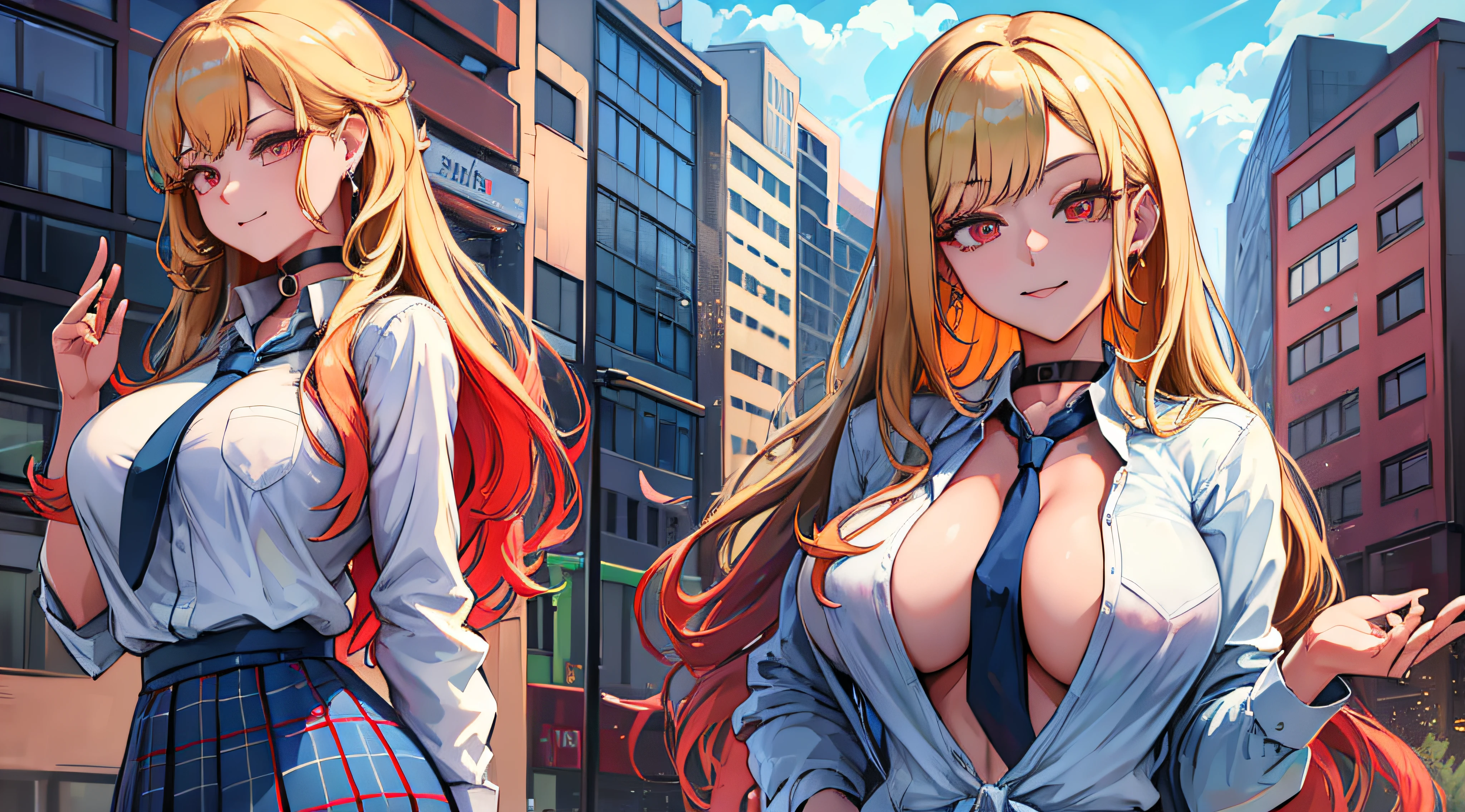 巨作, Best Quality, highres, kitagawa marin, 1girl, blonde hair, long hair, multicolored hair, red eyes, jewelry, earrings, piercing, school uniforms, black choker, Blue tie between breasts,plaid skirt, smile, Standing, cowboy shot, outdoors, Fully exposed breast, Big breasts